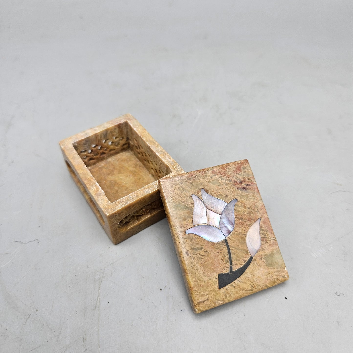 Vintage Soap Stone Trinket Box with Floral Inlay