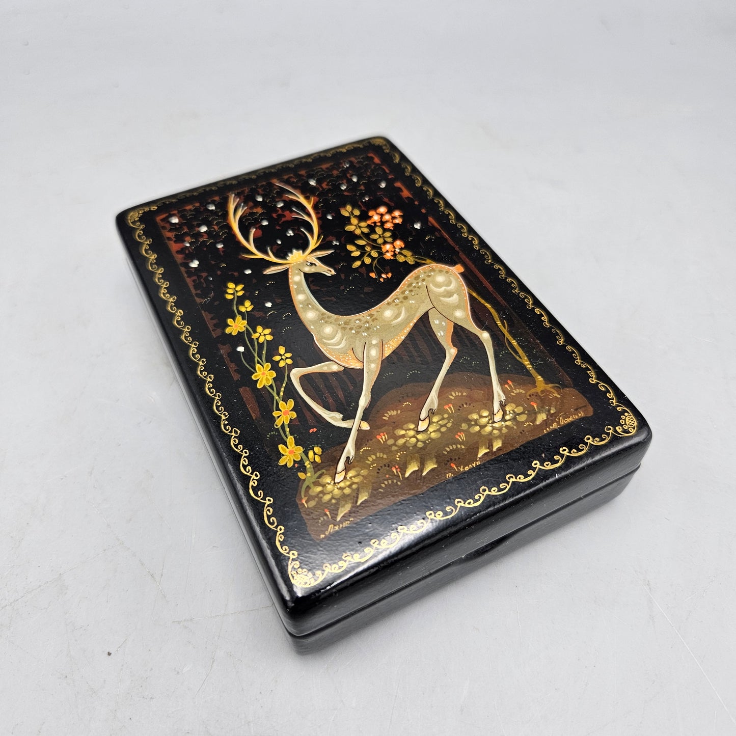 Vintage Russian Lacquered Painted Box with Deer