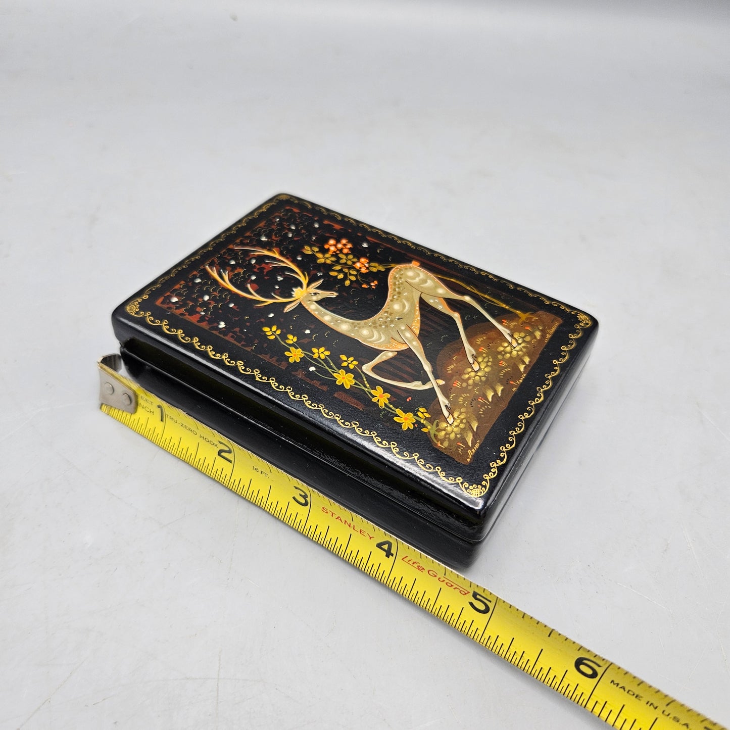 Vintage Russian Lacquered Painted Box with Deer