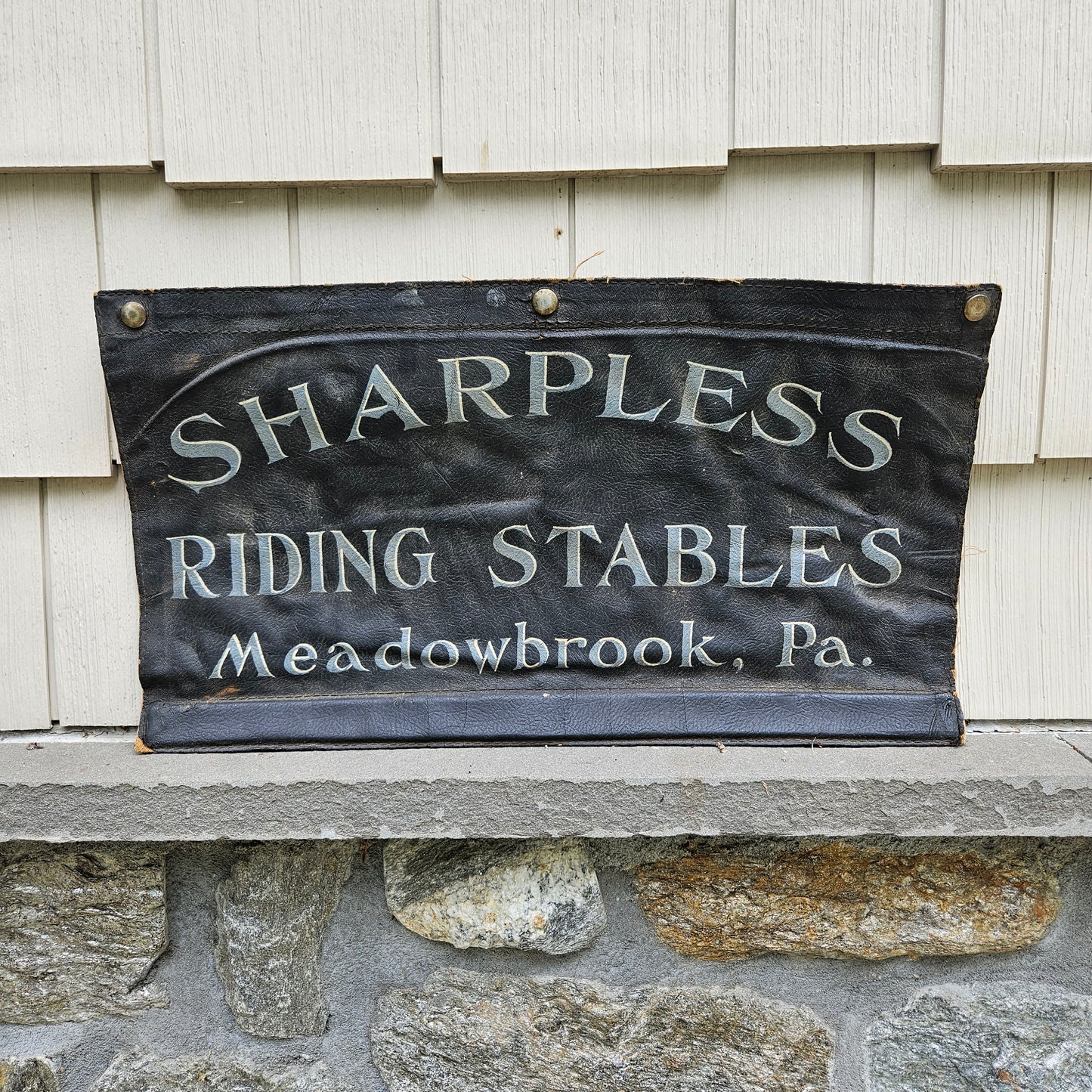 Vintage Hand Painted Sign on Leather "Sharpless Riding Stables" Meadowbrook, PA