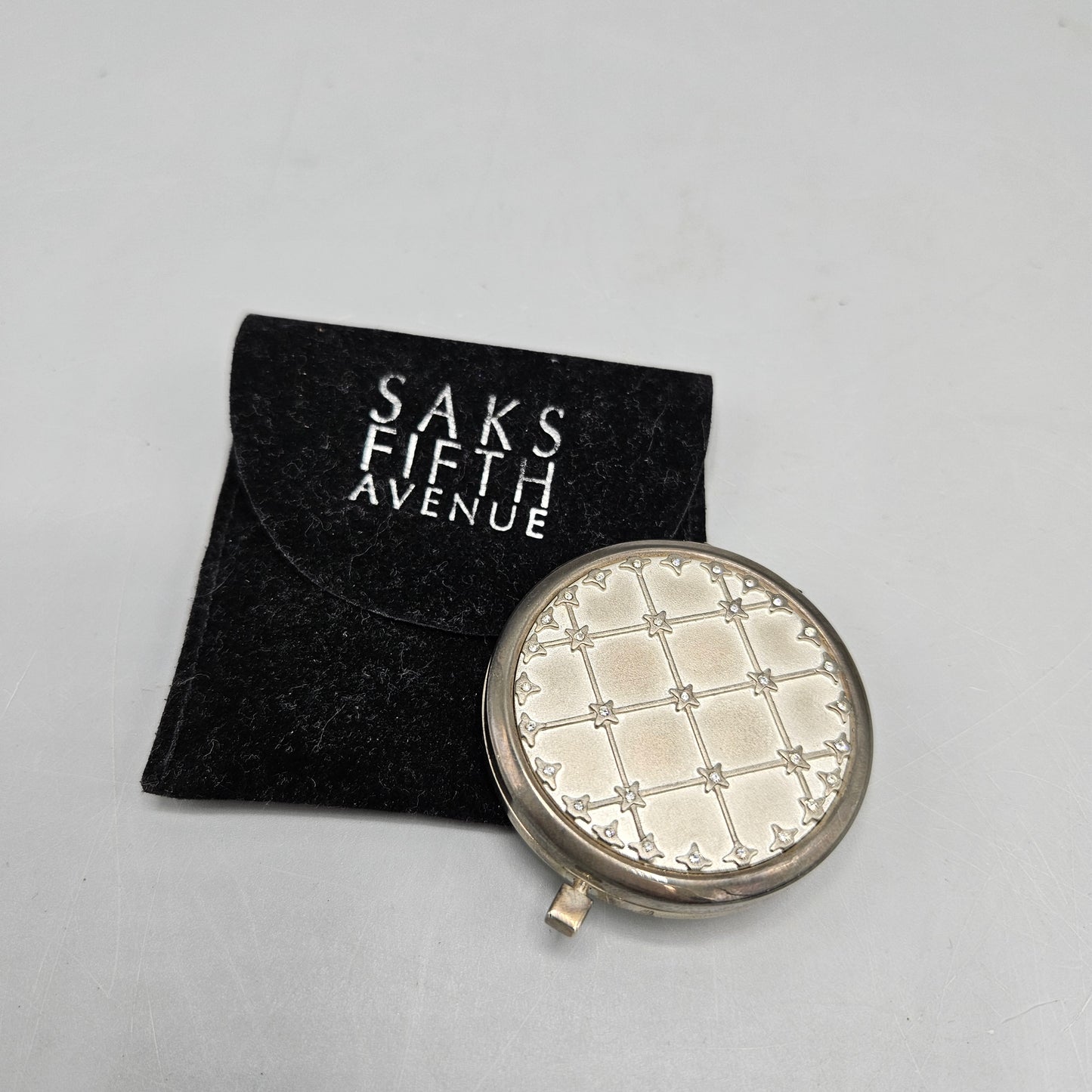 Saks Fifth Avenue Silver Metal Quilted Compact Mirror