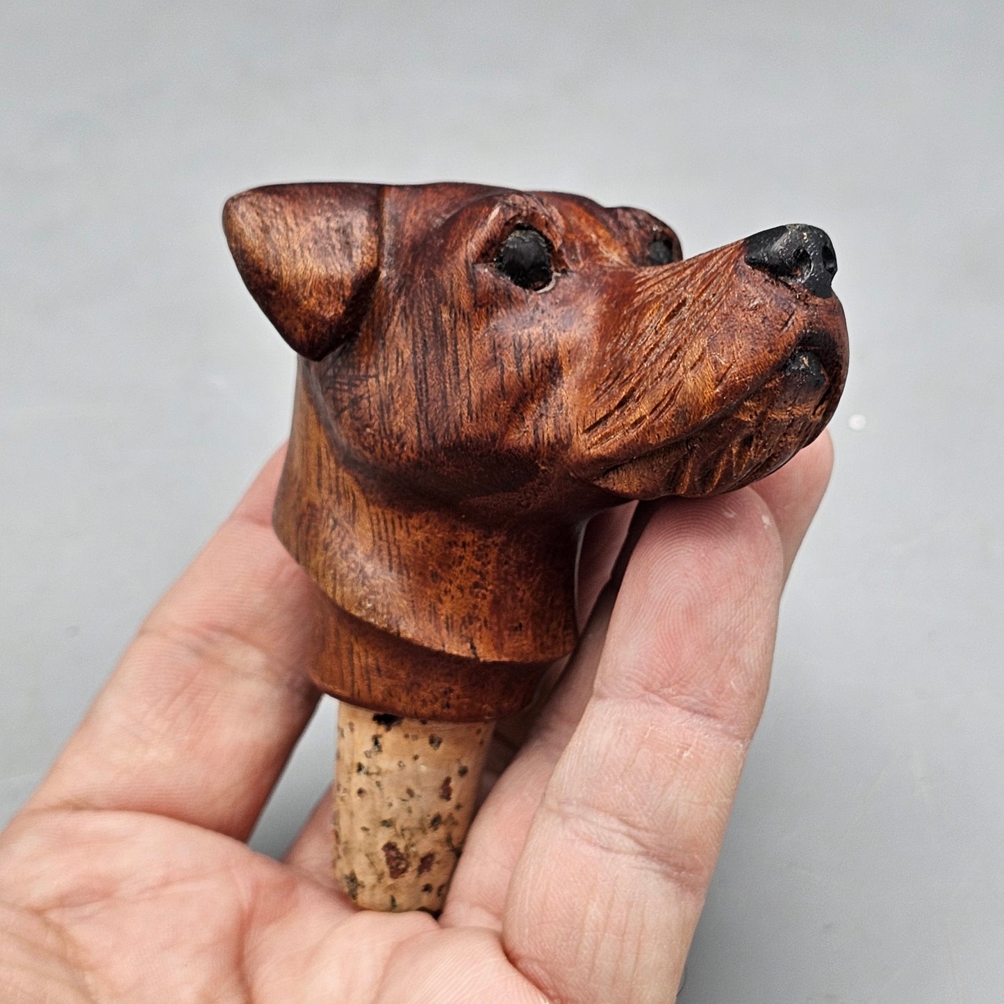 Wooden Dog Head Wine Cork Hand Carved Wood Bottle Topper