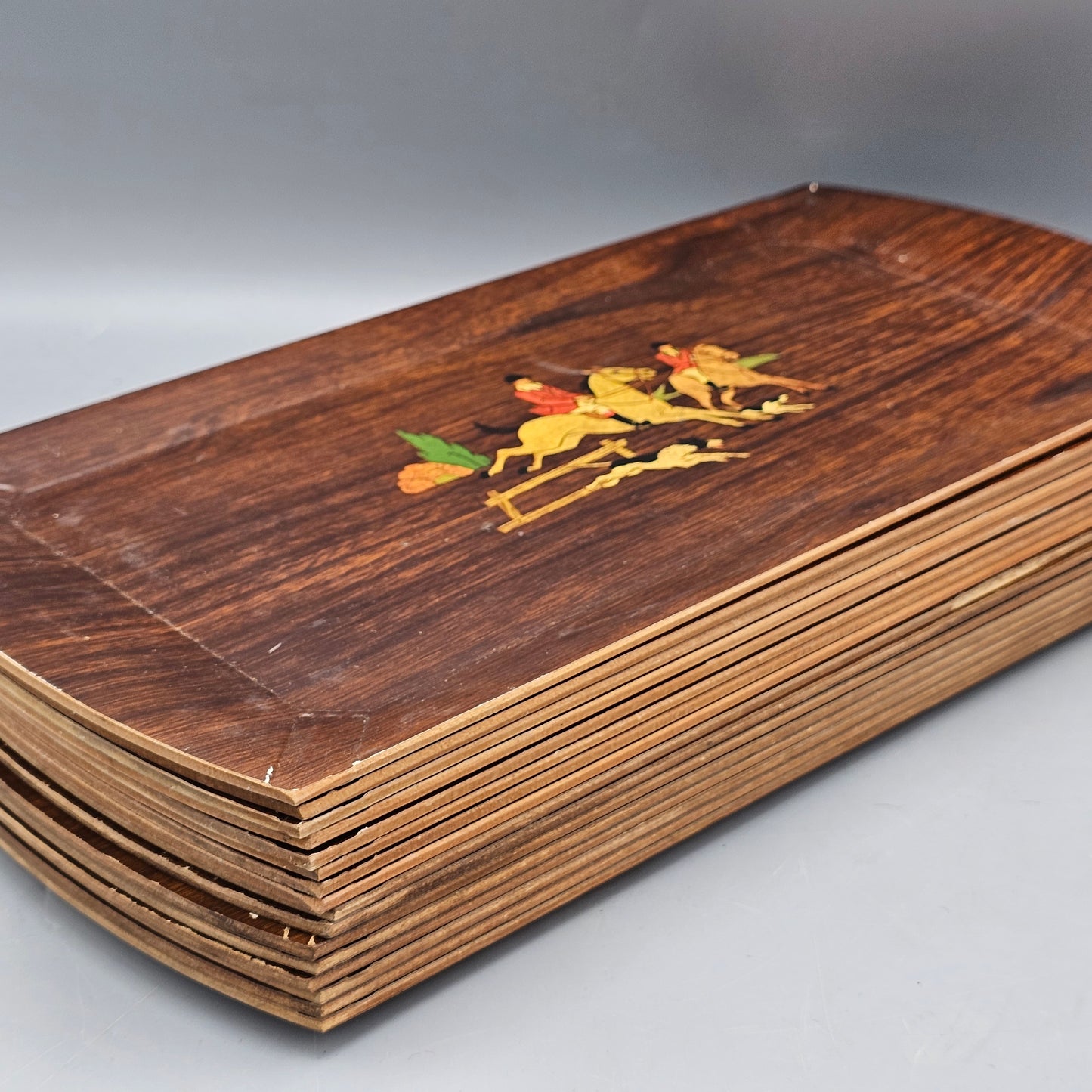 Set of 16 Hasko Wood Covered Fox Hunting Themed Serving Trays