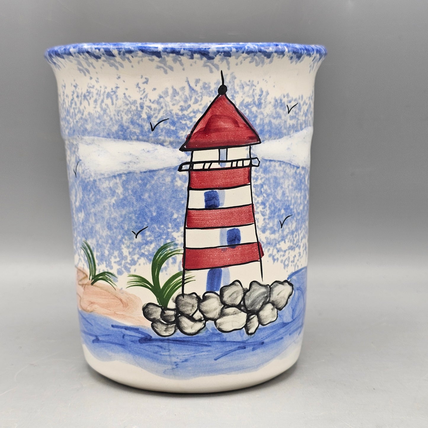 Handpainted Utensil Holder with Lighthouse