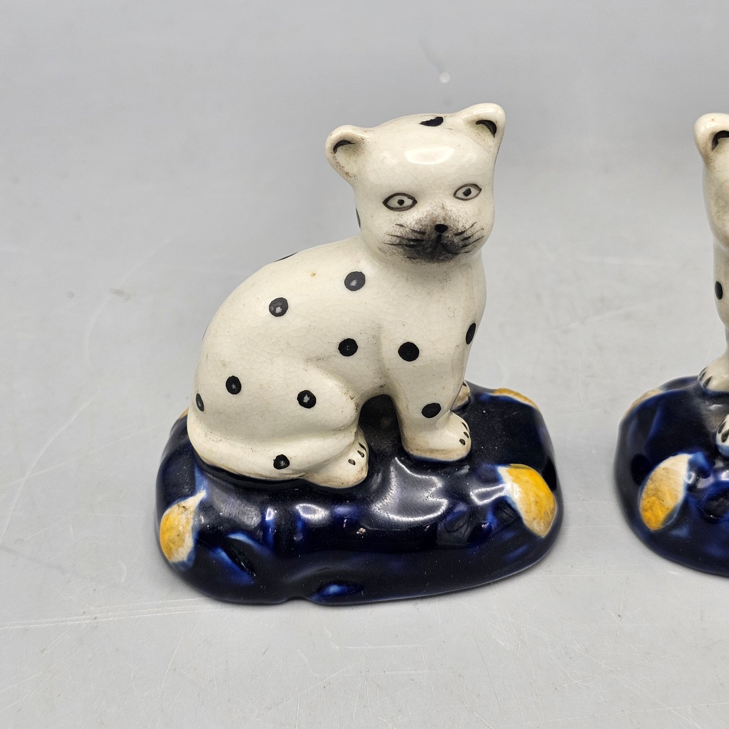 Pair of Miniature Vintage Spotted Staffordshire Ware Cats