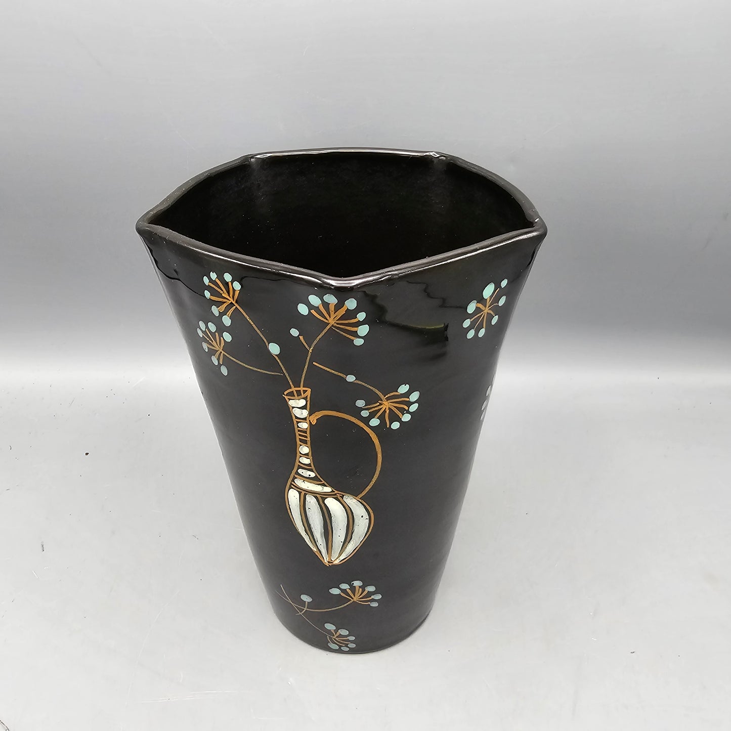 Hand Painted Signed Black Pottery Vase with Flower Design