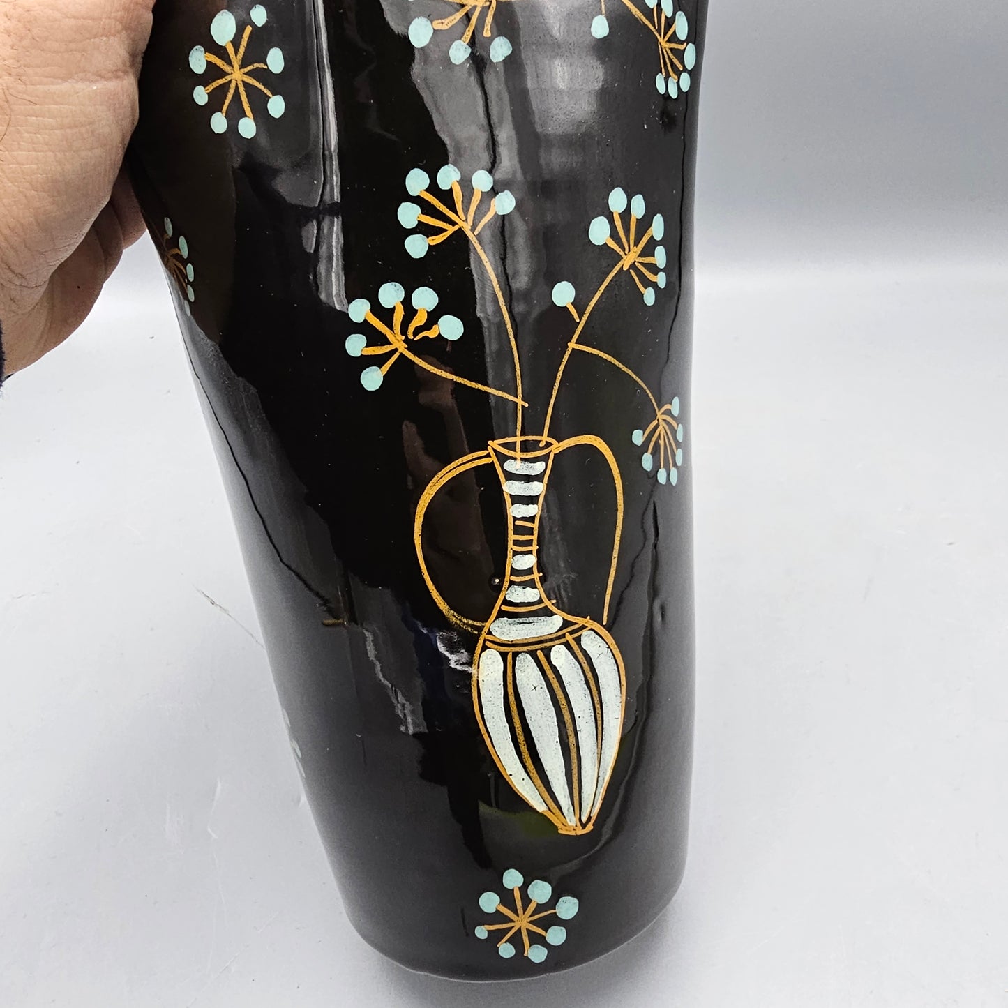 Hand Painted Signed Black Pottery Vase with Flower Design