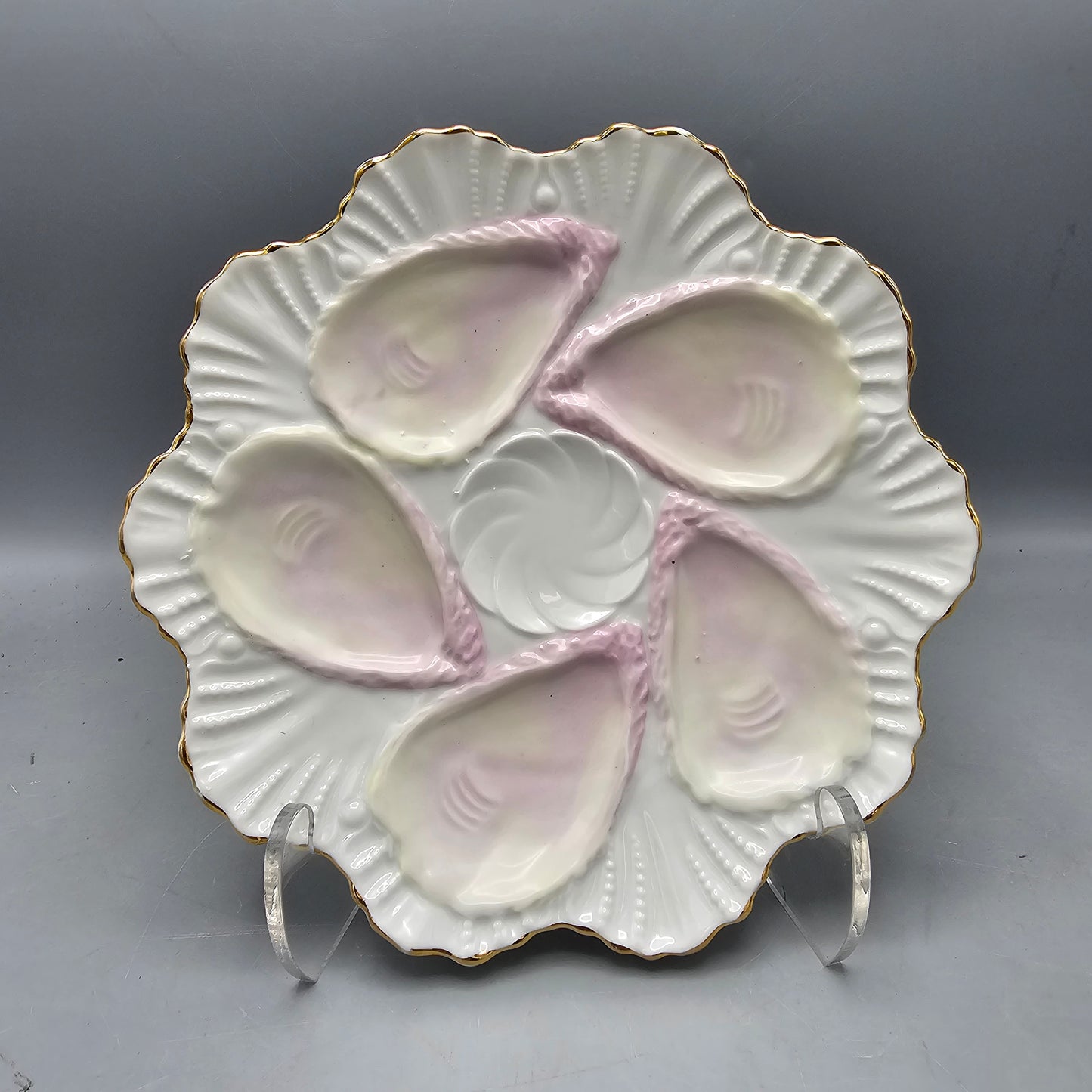 Vintage Pink & White Oyster Plate with Gold Rim ~ 4 Available