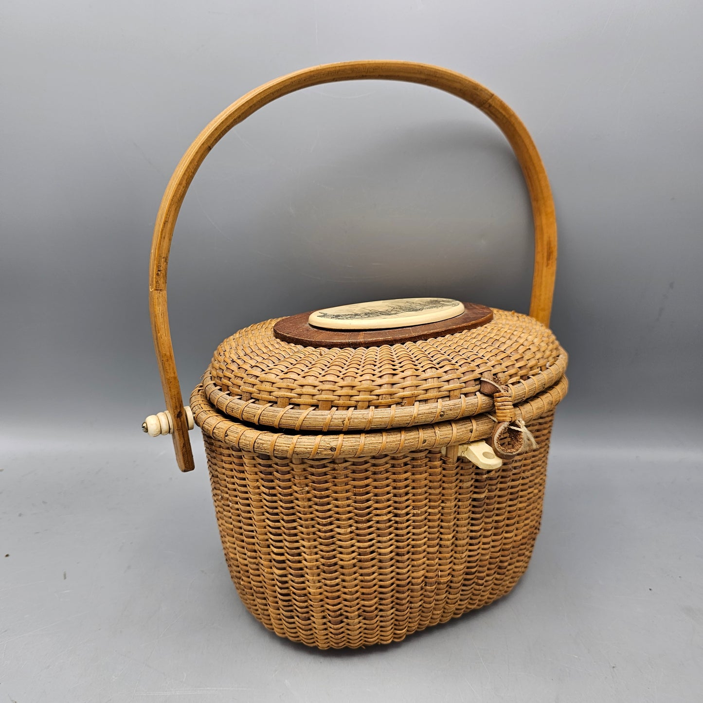 Vintage Lined Nantucket Basket with Town Scene on Top - Barlow