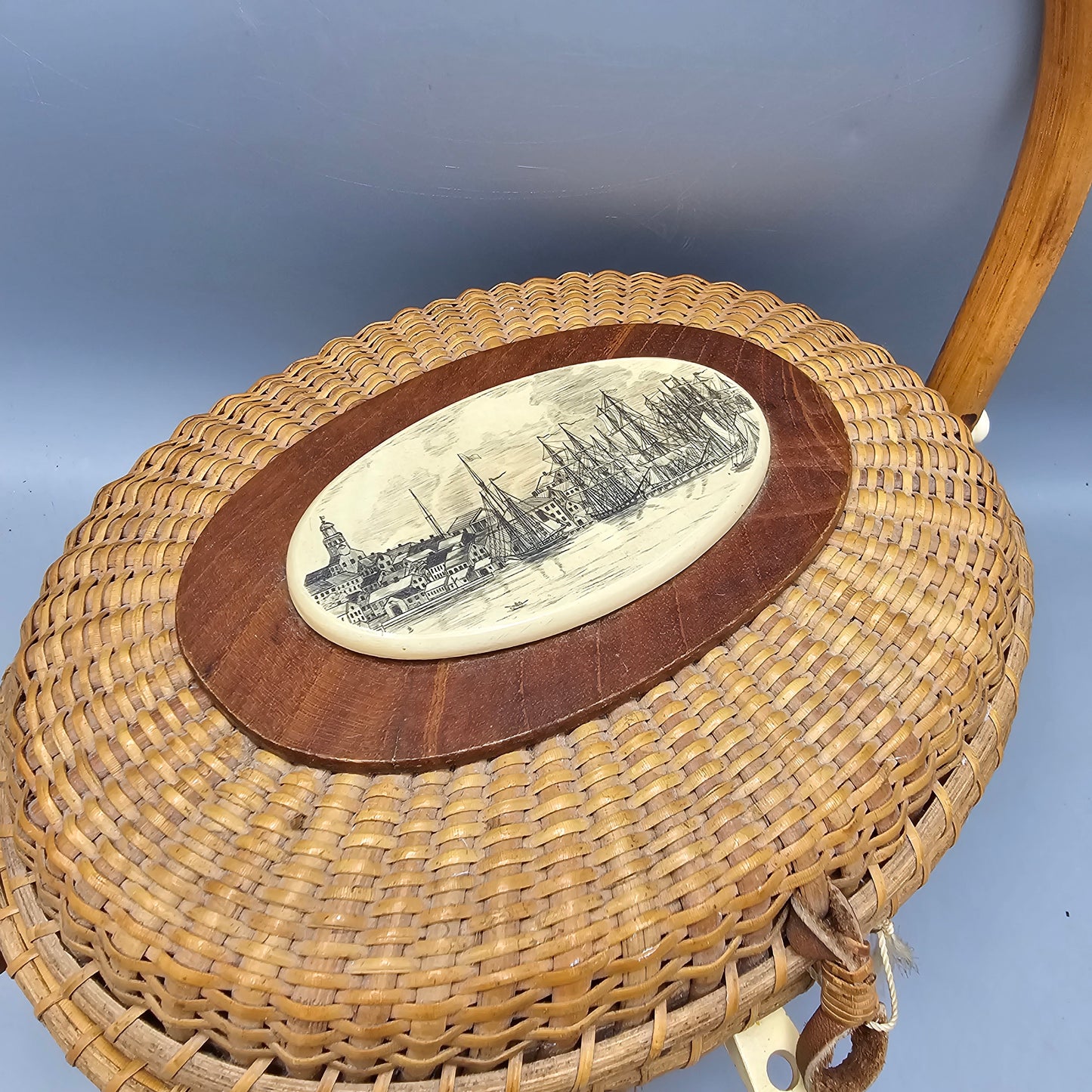Vintage Lined Nantucket Basket with Town Scene on Top - Barlow