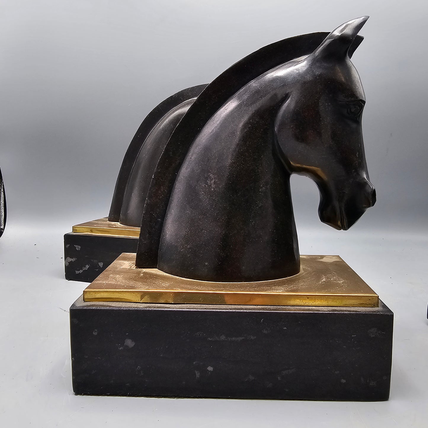 Pair of 1930s Art Deco Black Marble and Brass Horse Head Bookends