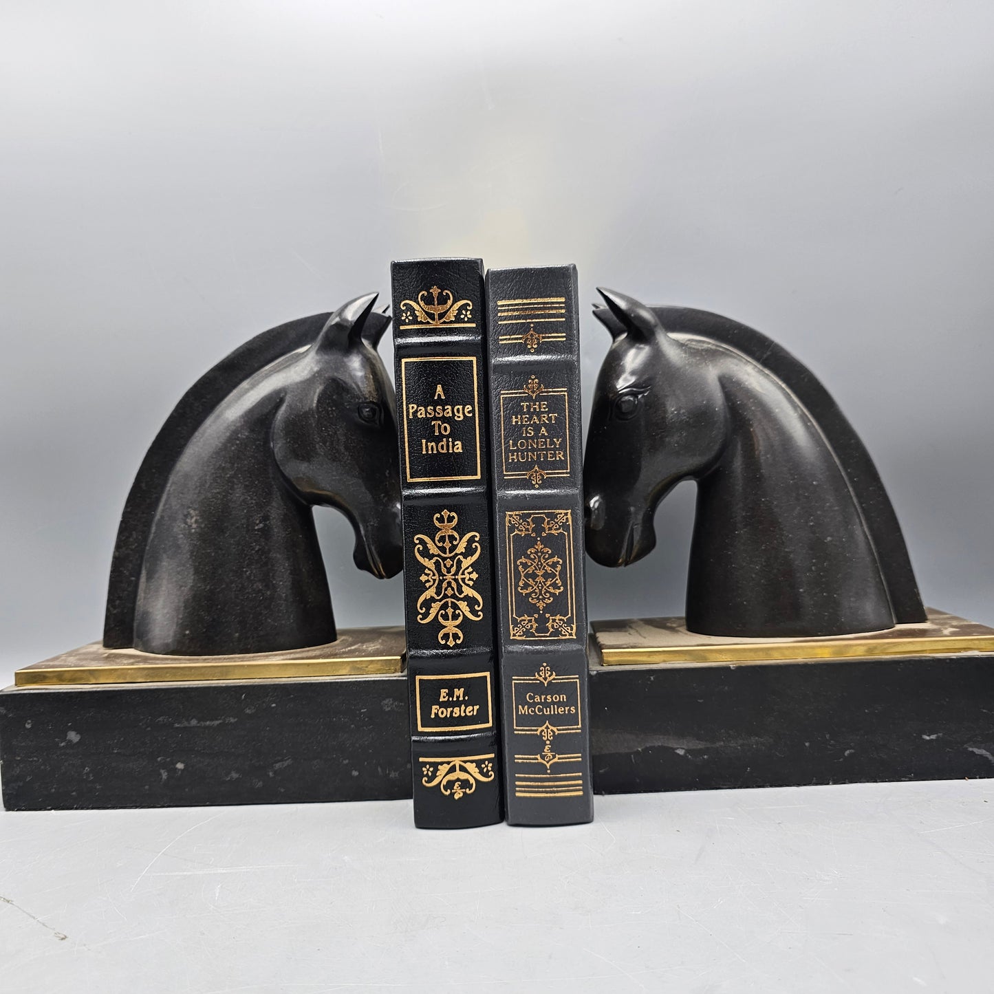 Pair of 1930s Art Deco Black Marble and Brass Horse Head Bookends
