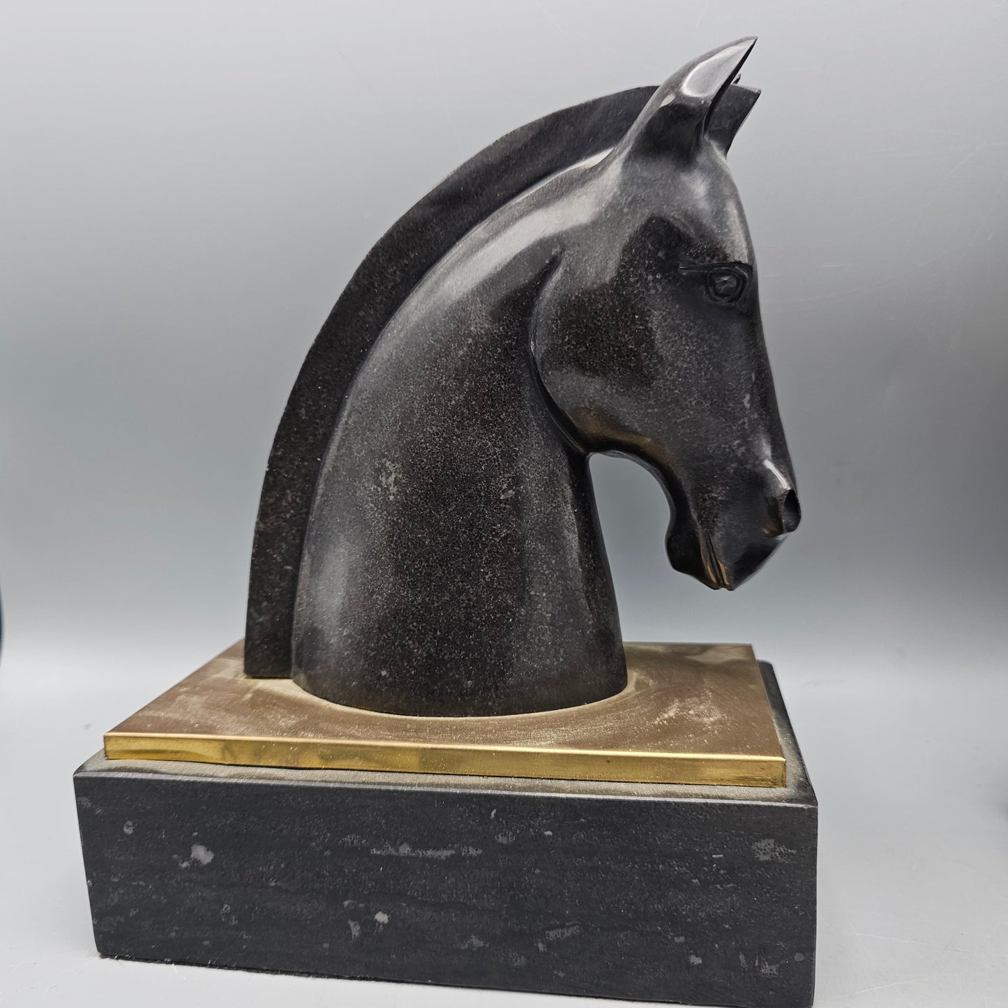 Pair of 1930s Art Deco Black Marble and Brass Horse Head Bookends