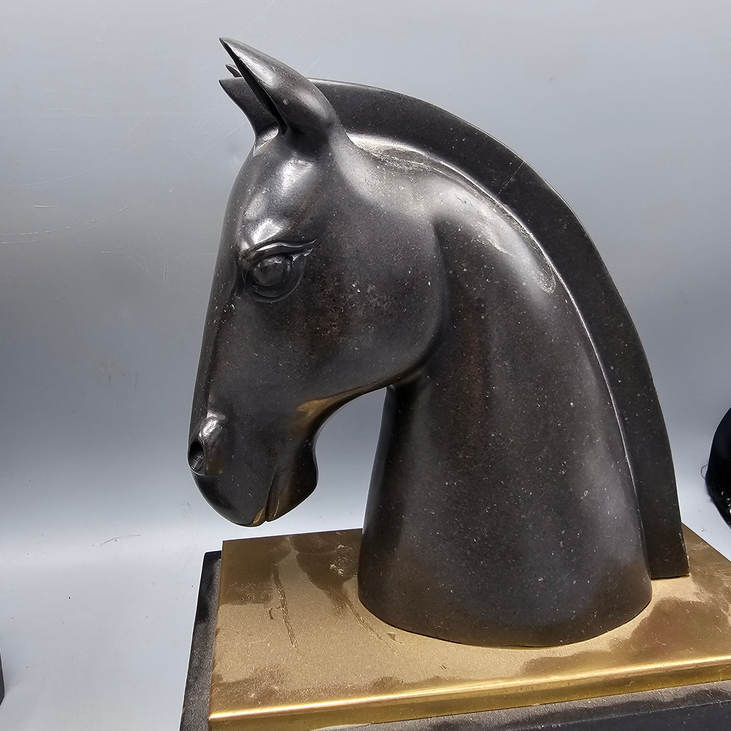 Pair of 1930s Art Deco Black Marble and Brass Horse Head Bookends