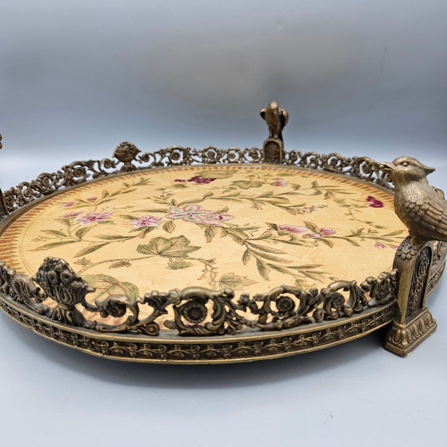 Large Chinese Porcelain Centerpiece Table Tray with Bronze Bird Figure