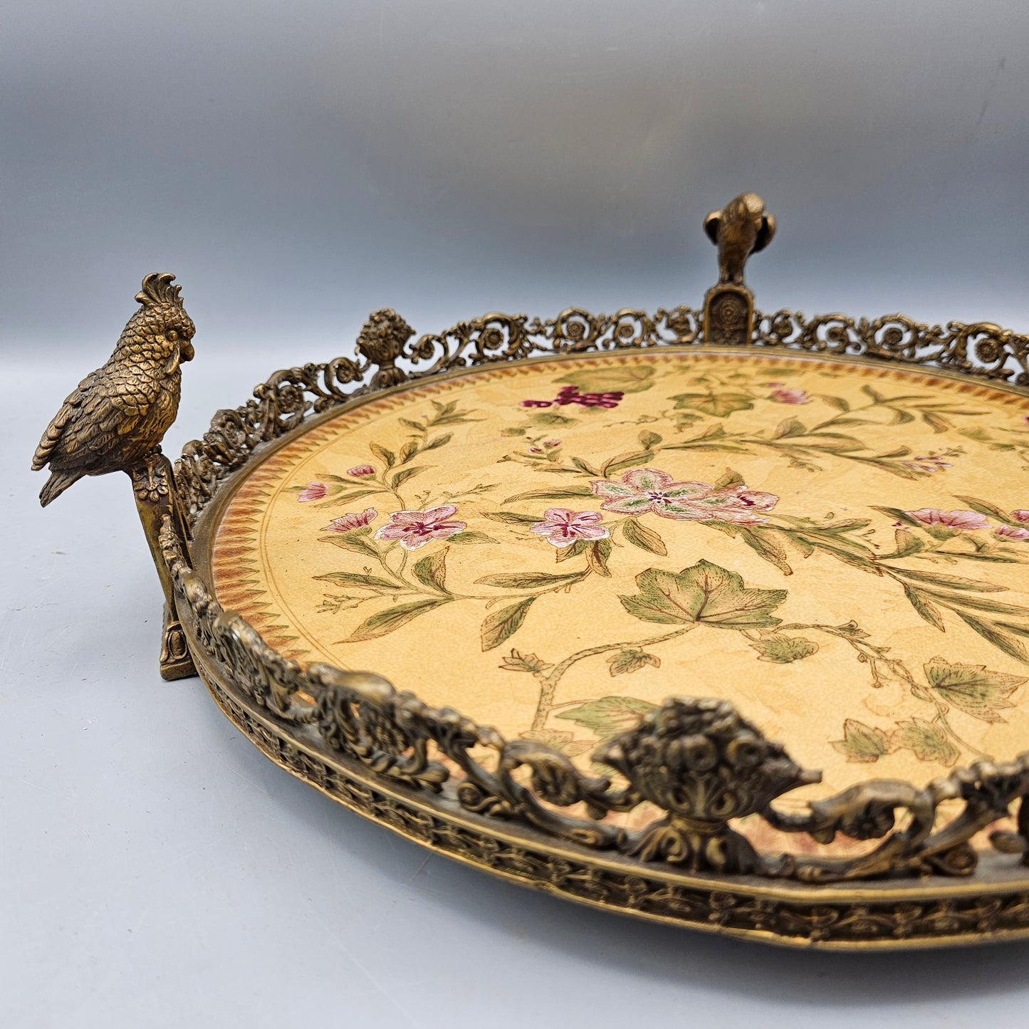 Large Chinese Porcelain Centerpiece Table Tray with Bronze Bird Figure