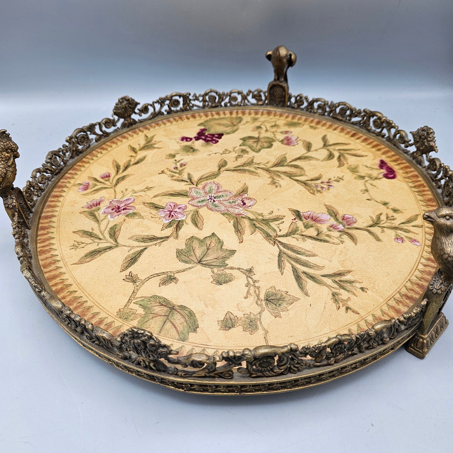 Large Chinese Porcelain Centerpiece Table Tray with Bronze Bird Figure