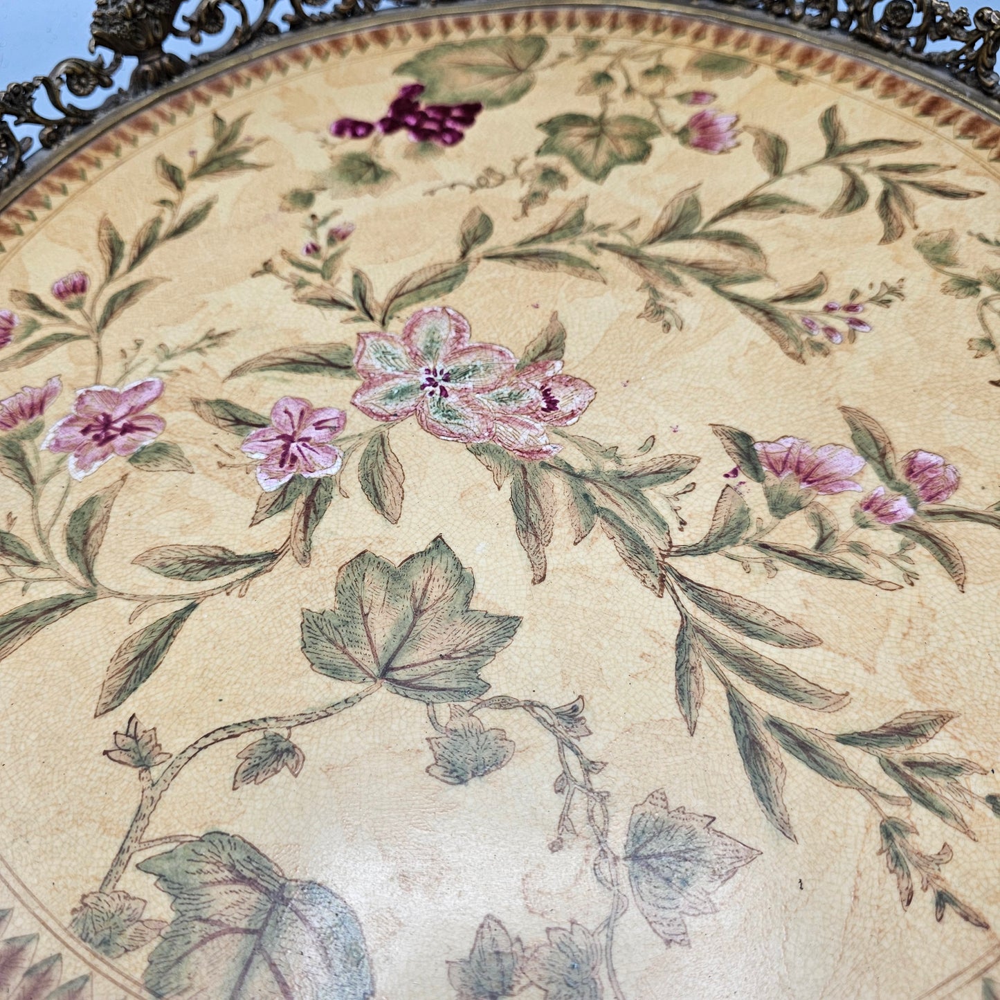 Large Chinese Porcelain Centerpiece Table Tray with Bronze Bird Figure