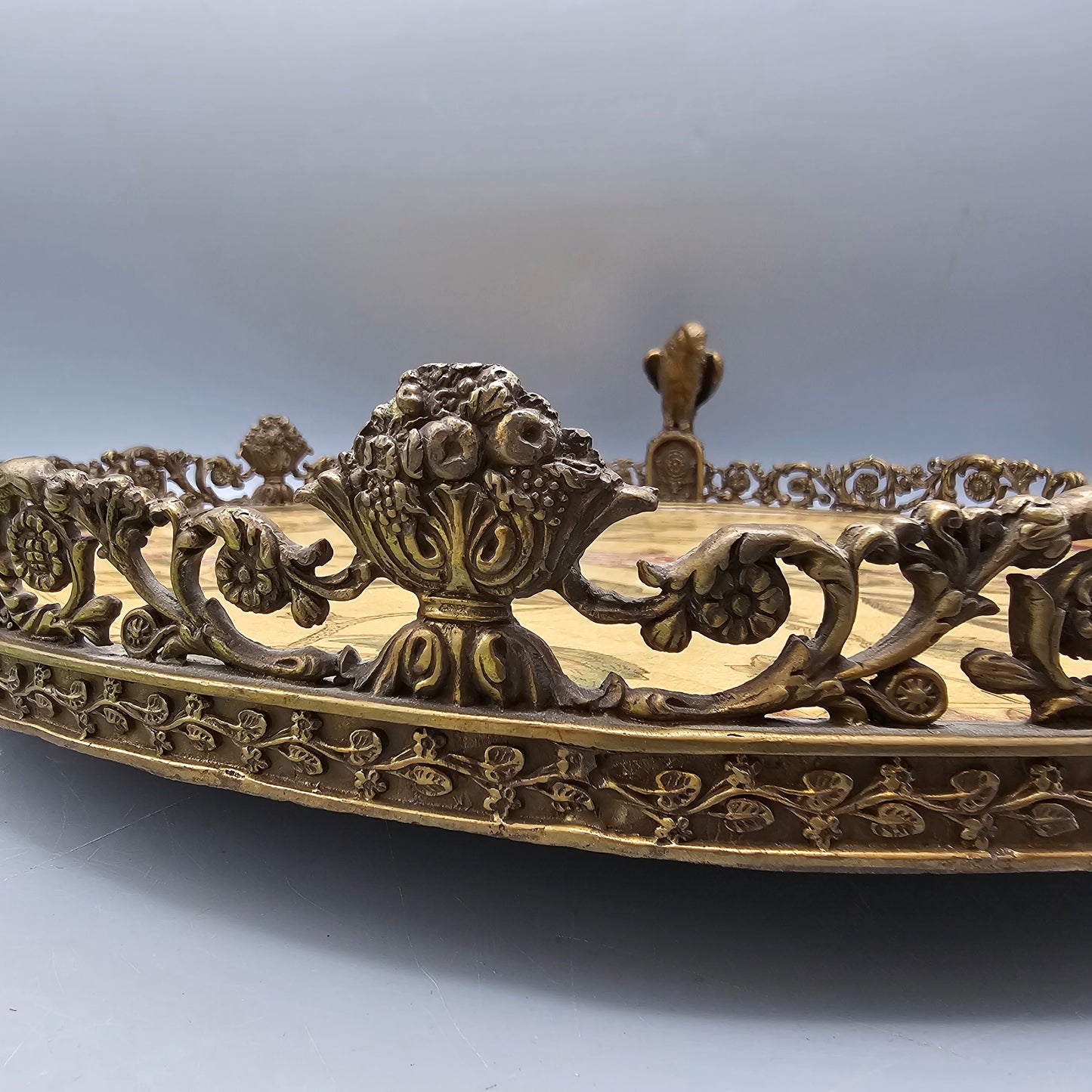 Large Chinese Porcelain Centerpiece Table Tray with Bronze Bird Figure