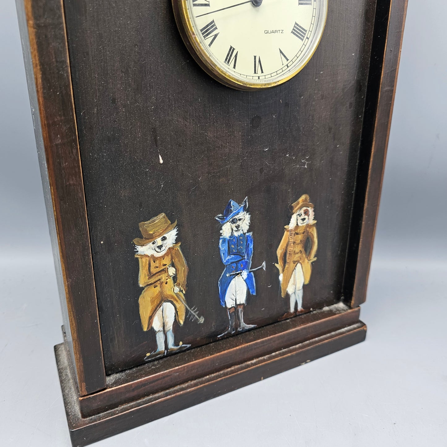 Hand Painted Wooden Clock with Dogs in Coats by Beth Secor