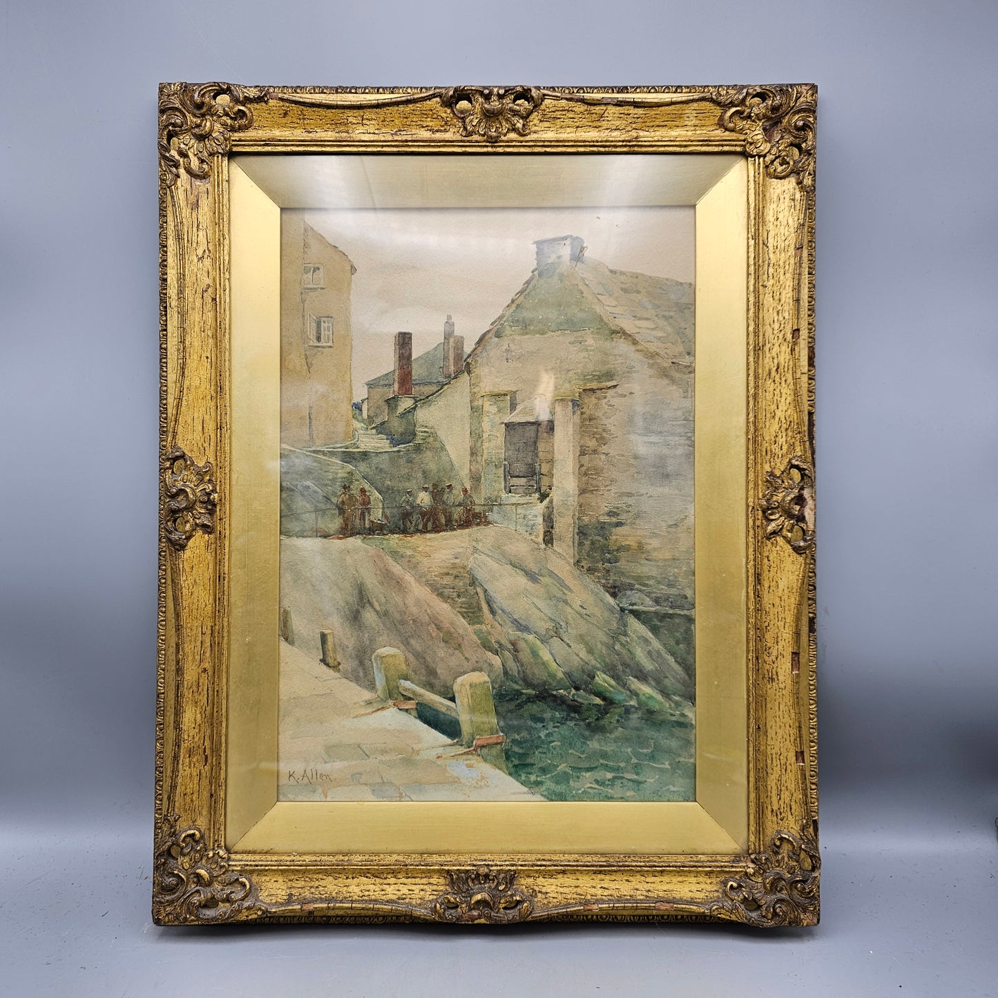 Vintage Signed Watercolor Painting by Kate Allen "A Corner of Polperro Harbour"