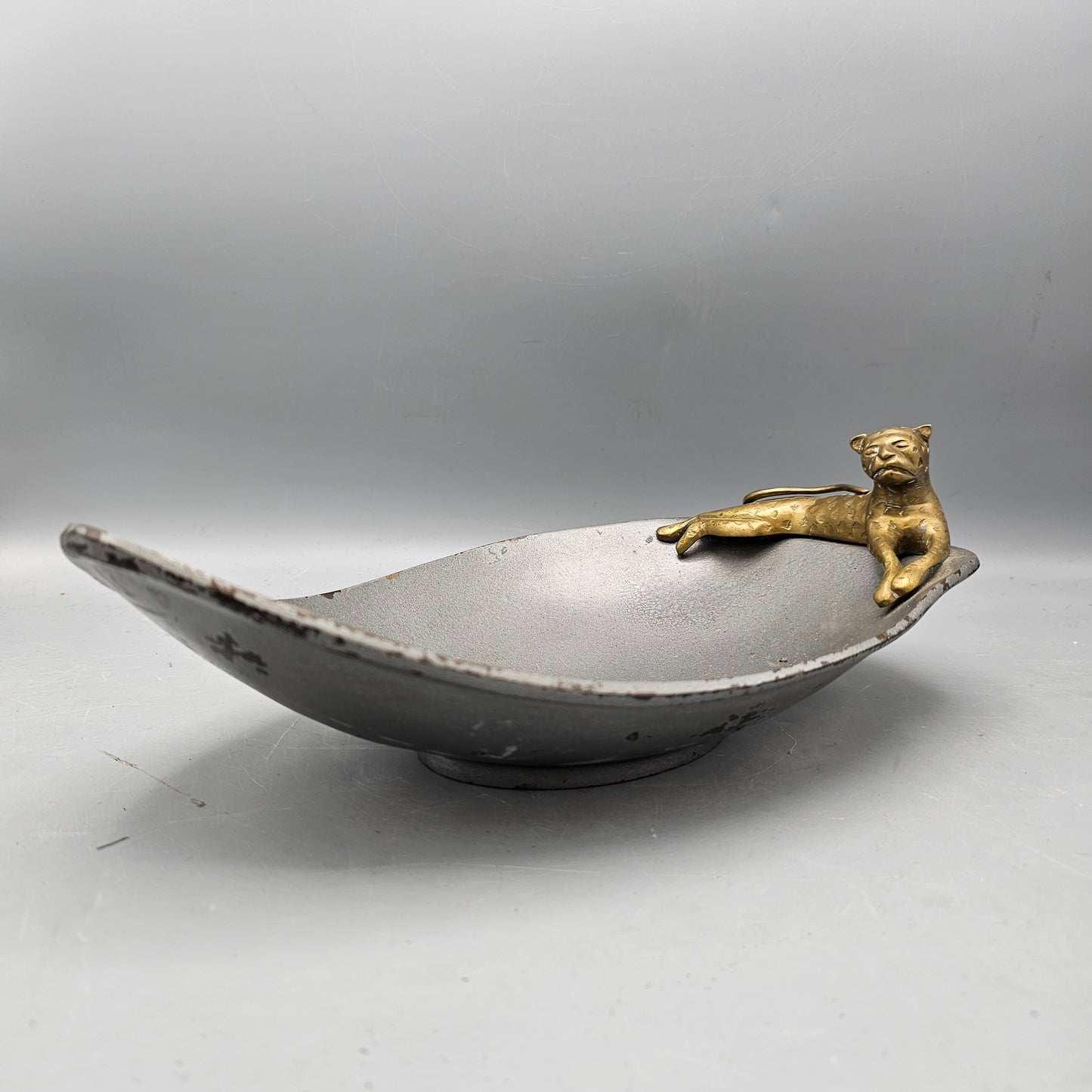 Vintage Metal Dish with Brass Leopard