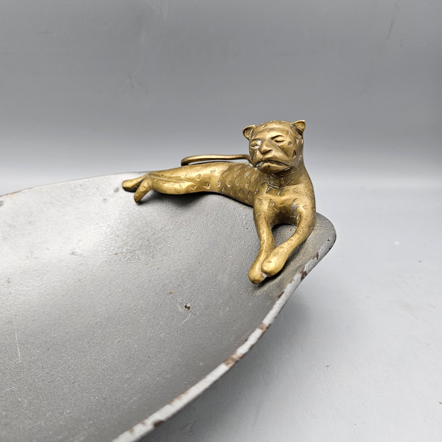 Vintage Metal Dish with Brass Leopard