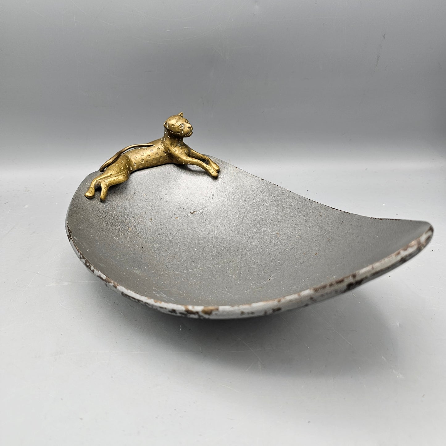 Vintage Metal Dish with Brass Leopard