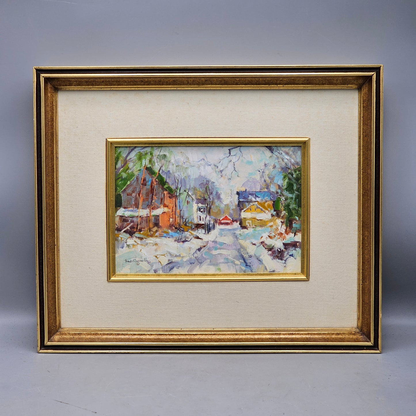 Frank Zuccarelli (New Jersey 1921-2012) Bucks Country Style Impressionist Painting of Snowy Street in Winter