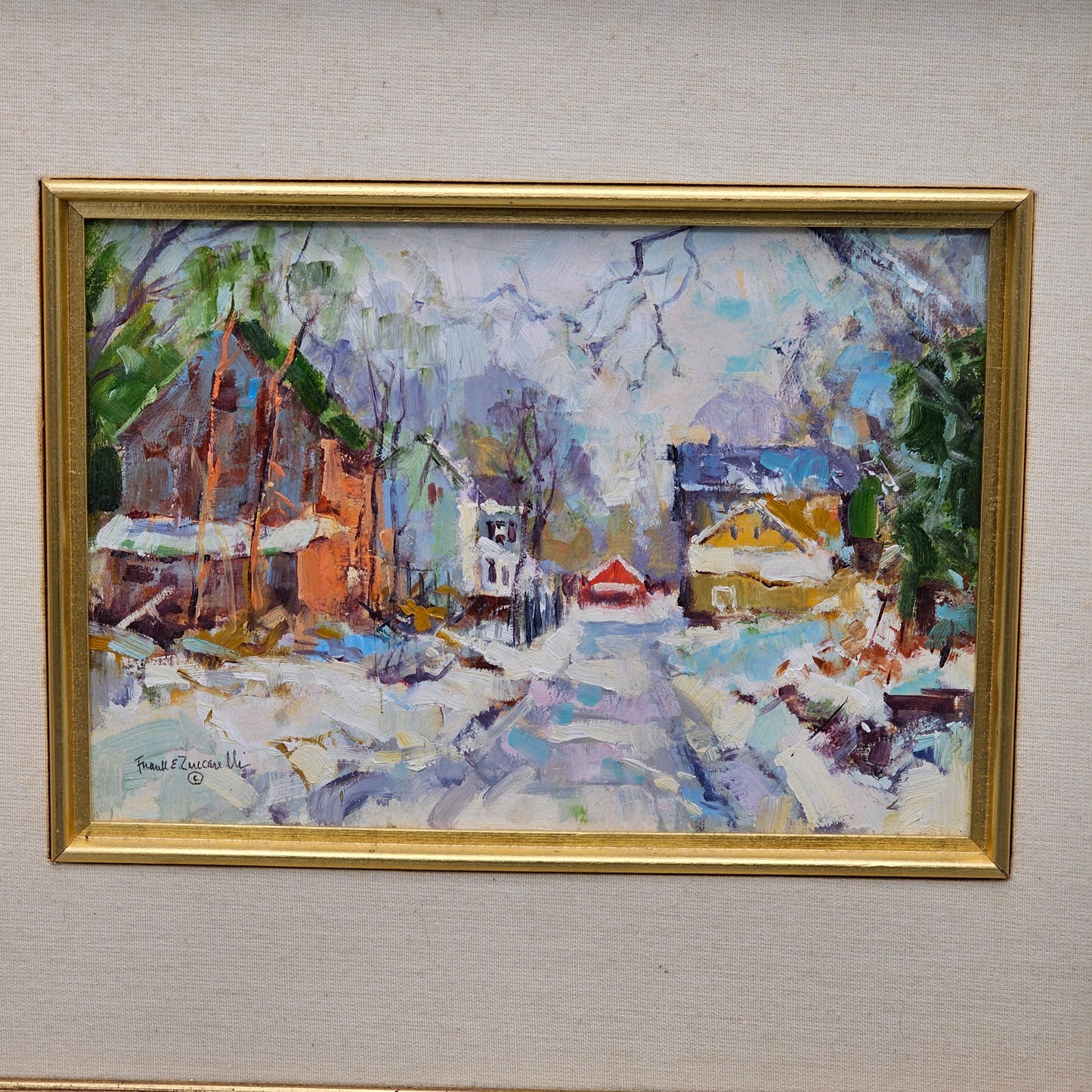 Frank Zuccarelli (New Jersey 1921-2012) Bucks Country Style Impressionist Painting of Snowy Street in Winter