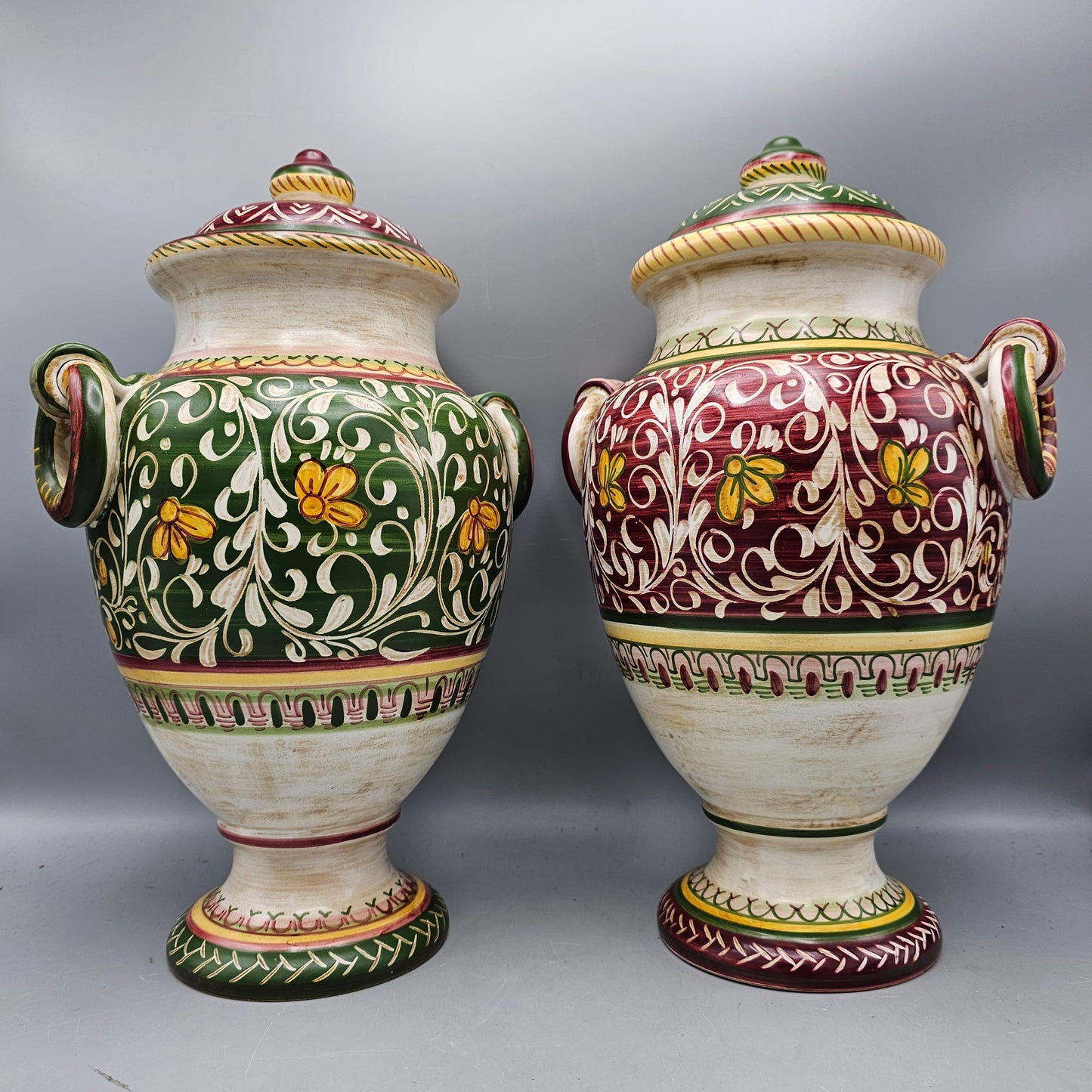 Pair of Handpainted Urns with Floral Decorations Made in Italy