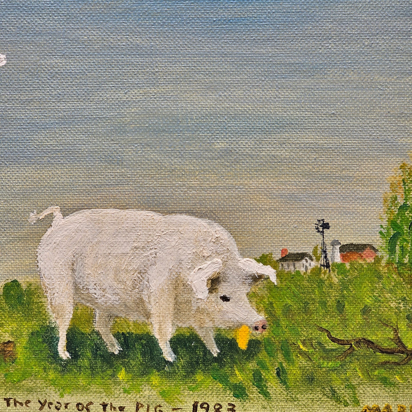 Signed Mabel Wenger Oil Painting "Year of the Pig" Lancaster, PA