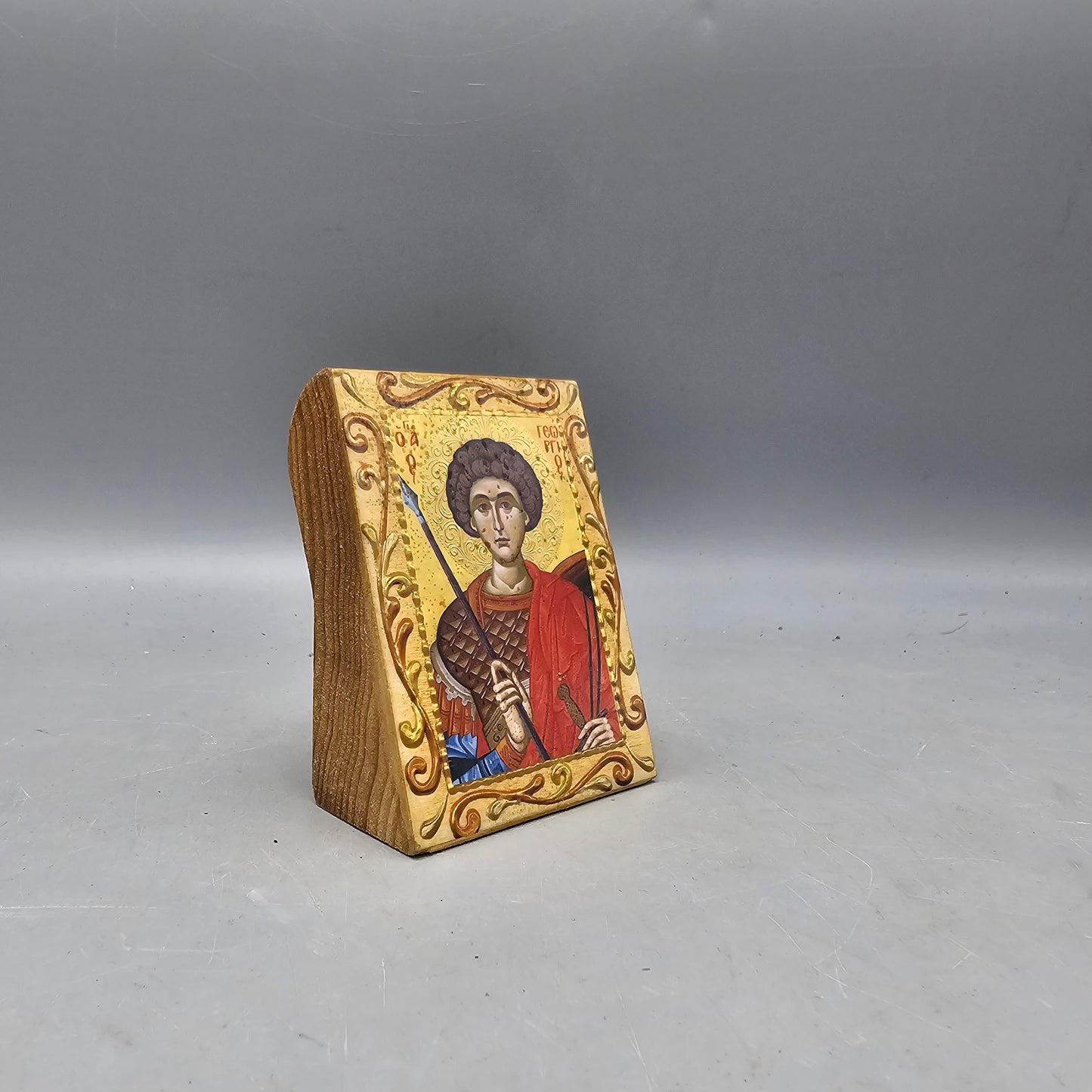 Saint George Greek Orthodox Byzantine Rose Gold Christian Icon on Wood