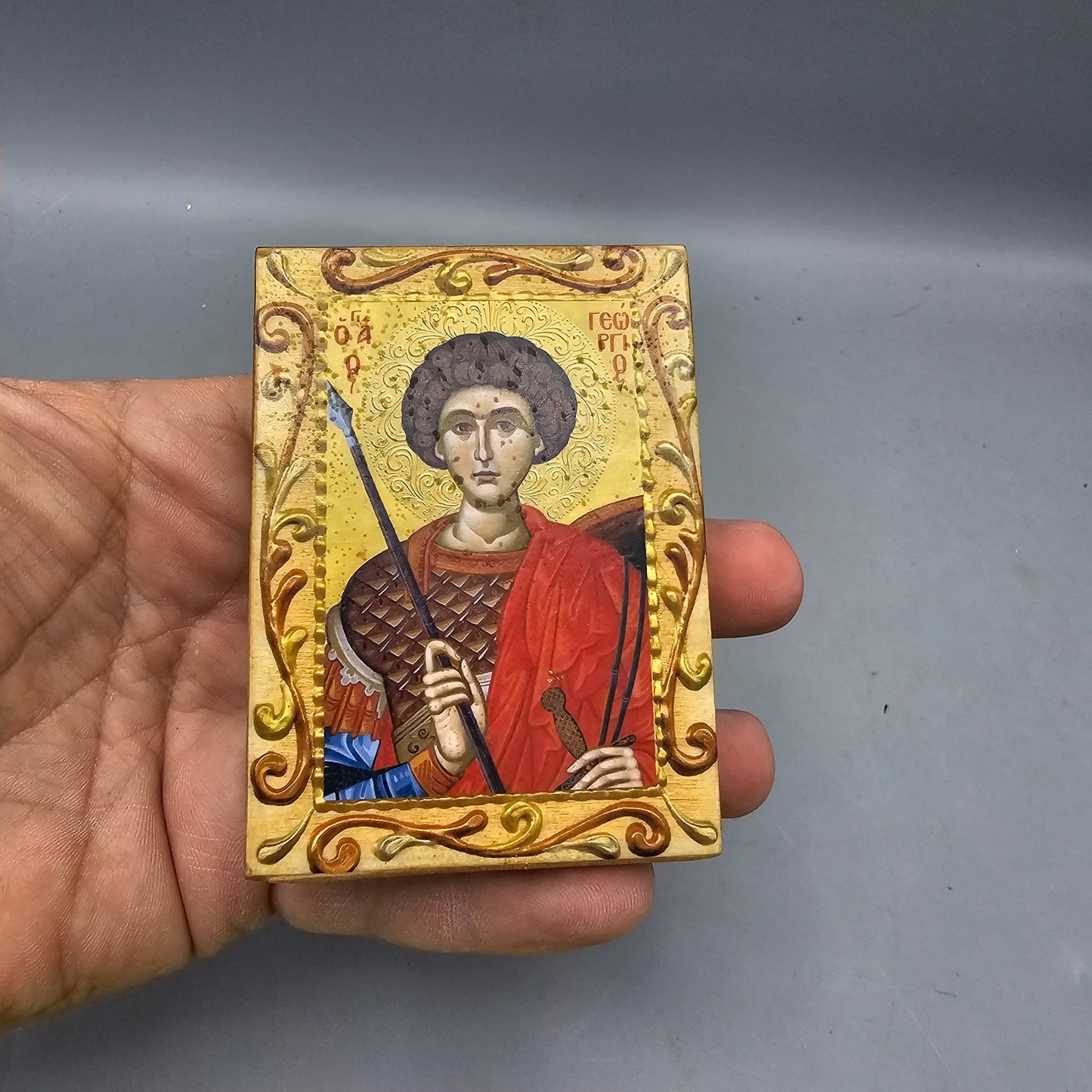 Saint George Greek Orthodox Byzantine Rose Gold Christian Icon on Wood