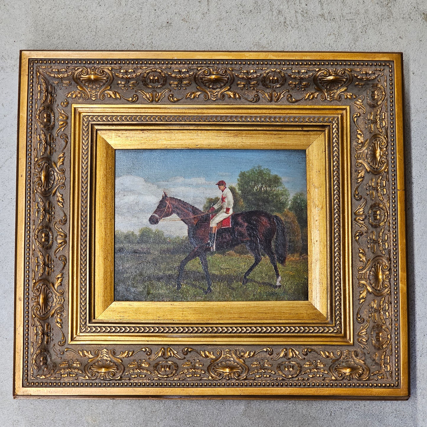 Vintage Equestrian Rider Jockey Oil Painting in Gold Gilt Frame