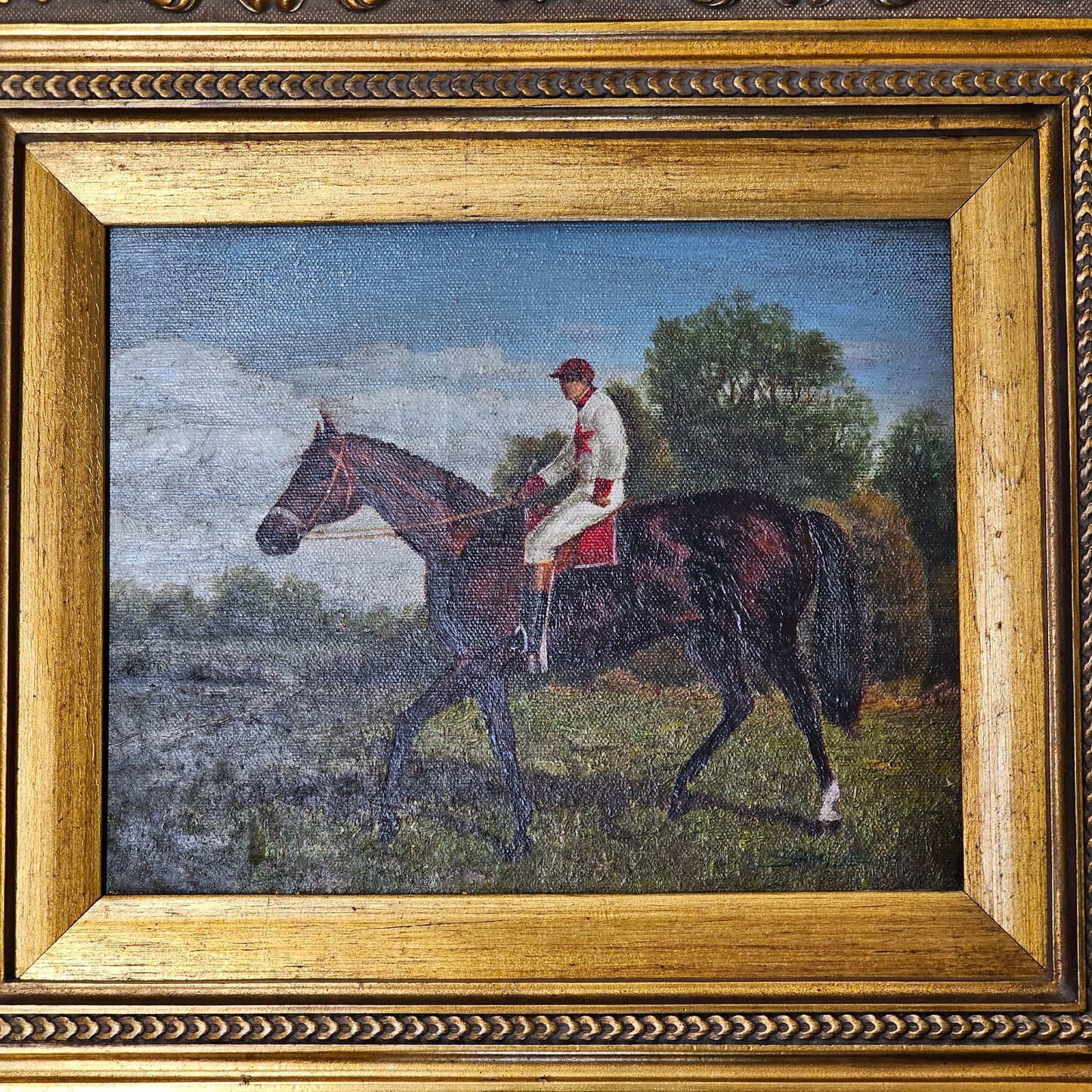 Vintage Equestrian Rider Jockey Oil Painting in Gold Gilt Frame
