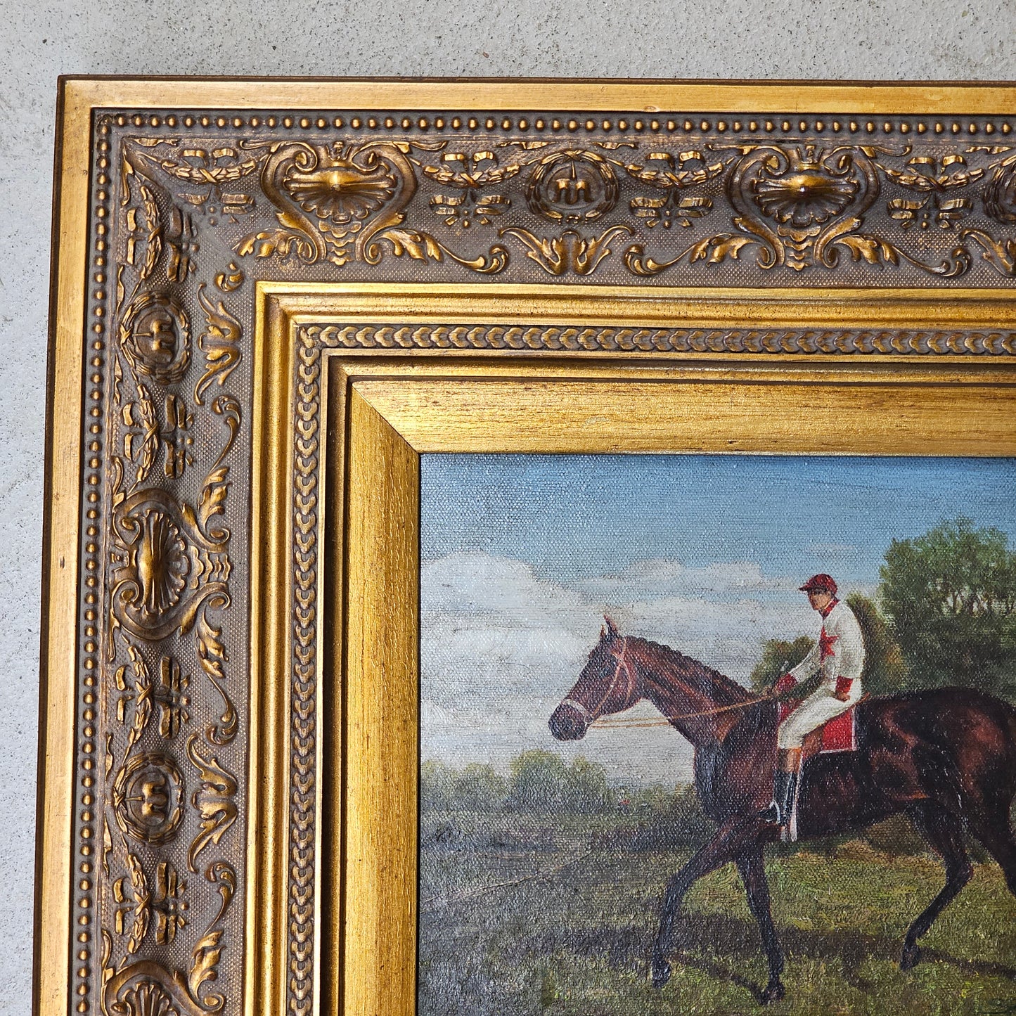 Vintage Equestrian Rider Jockey Oil Painting in Gold Gilt Frame