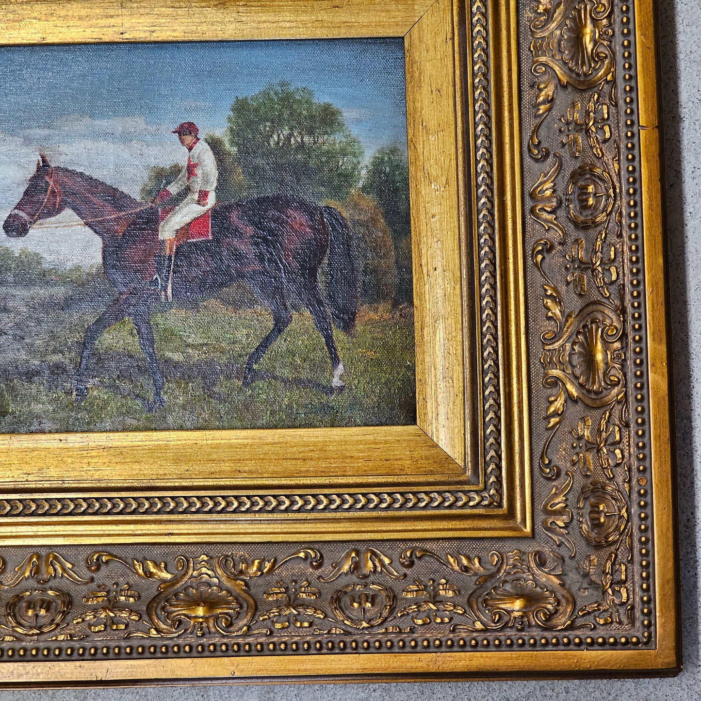 Vintage Equestrian Rider Jockey Oil Painting in Gold Gilt Frame
