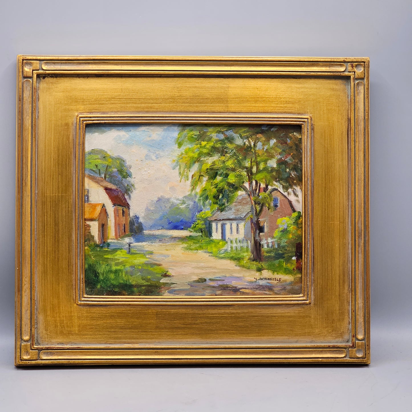Signed Decorator Oil Painting on Board in Gold Gilt Frame by Michael Schofield
