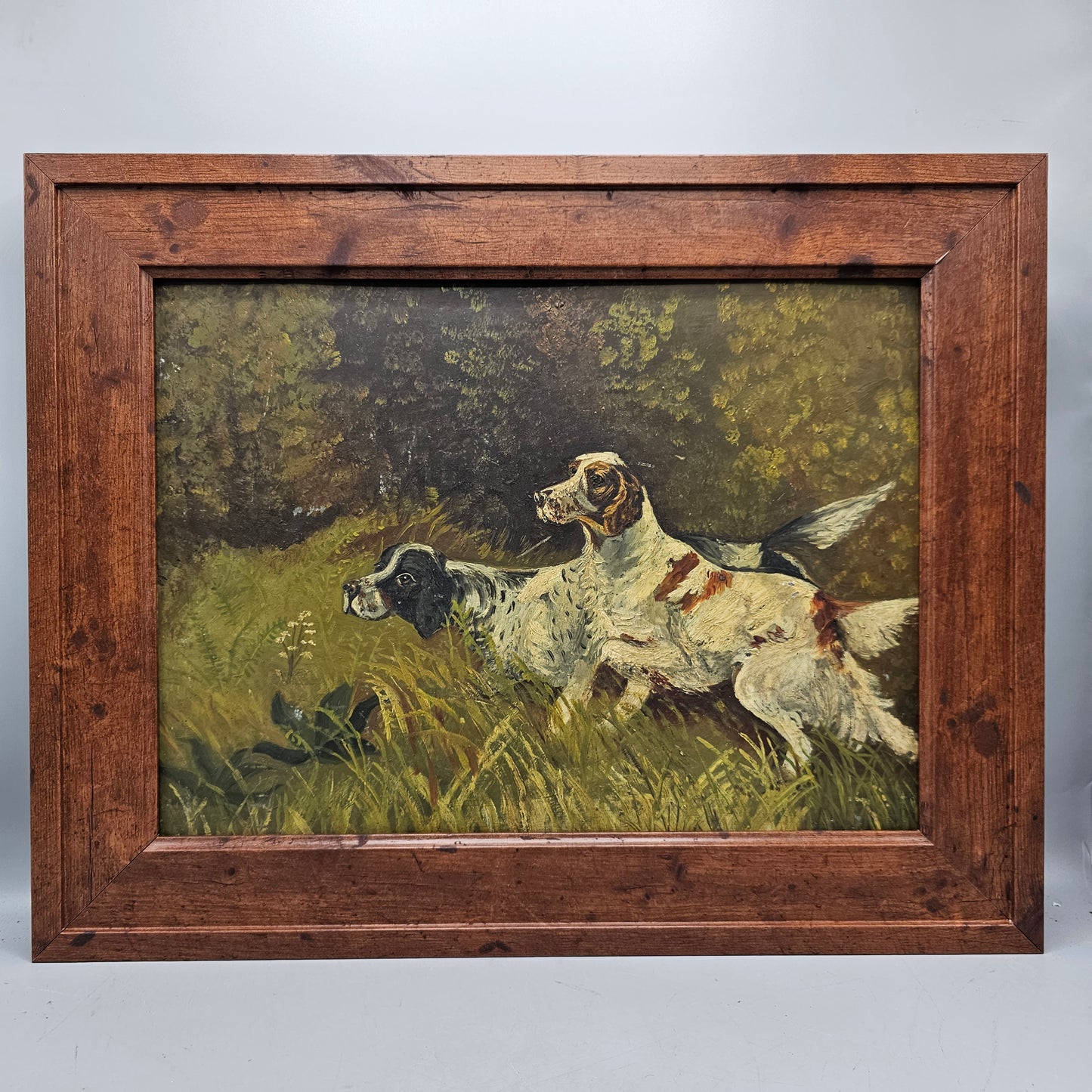 Vintage Oil Painting on Tin of Two Setters in Woodland Setting Hunting