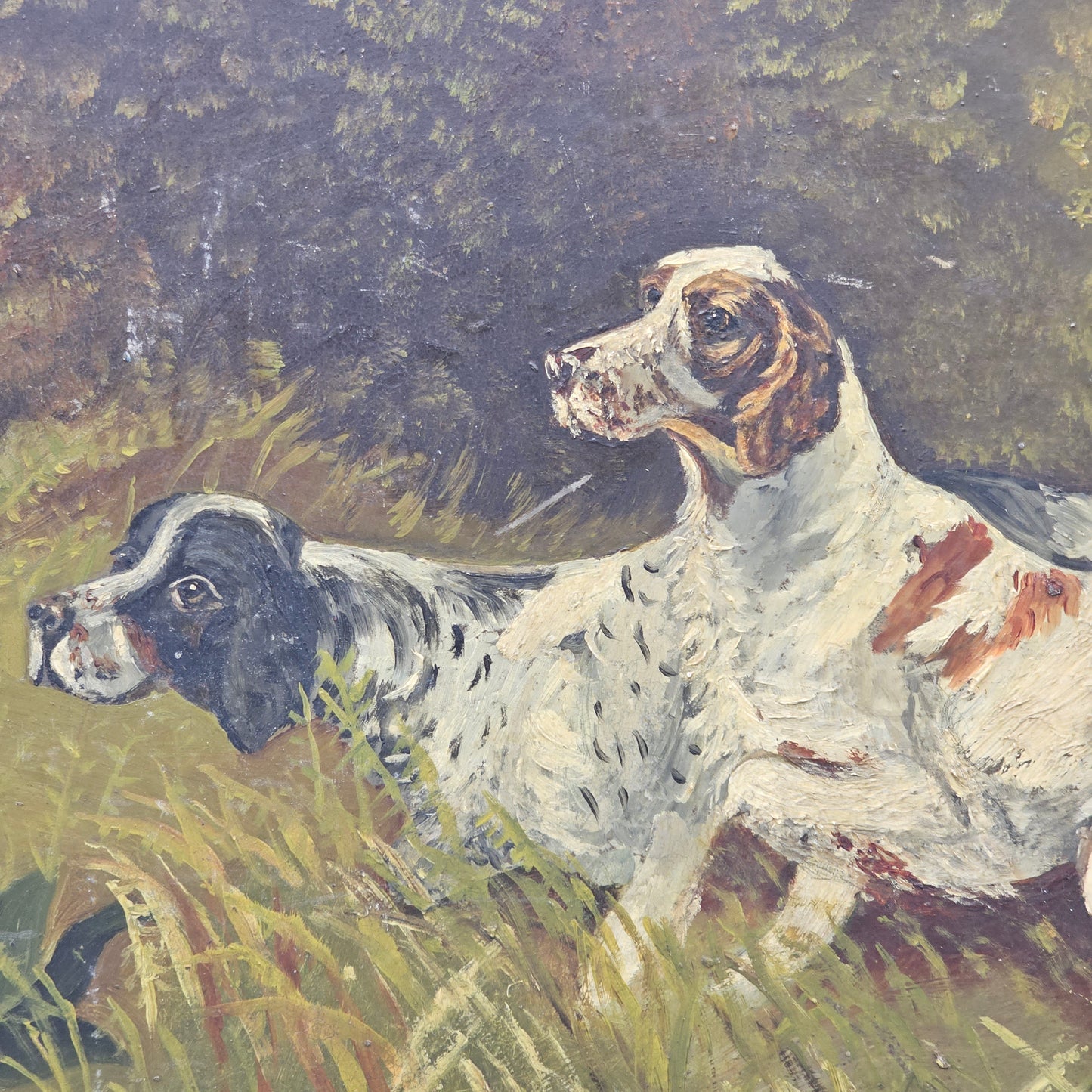Vintage Oil Painting on Tin of Two Setters in Woodland Setting Hunting