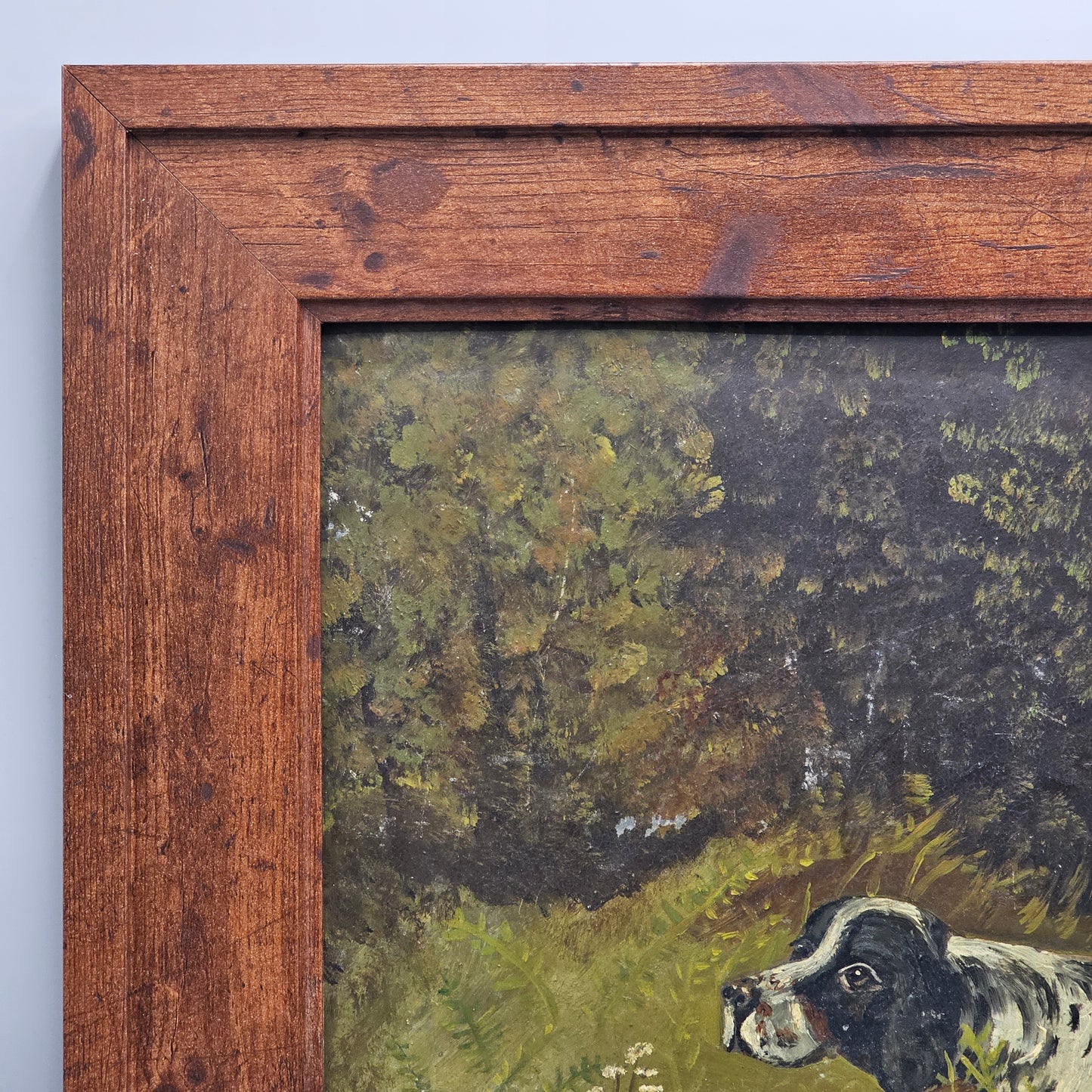 Vintage Oil Painting on Tin of Two Setters in Woodland Setting Hunting