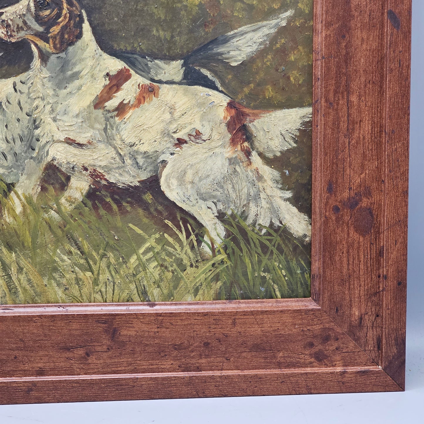 Vintage Oil Painting on Tin of Two Setters in Woodland Setting Hunting