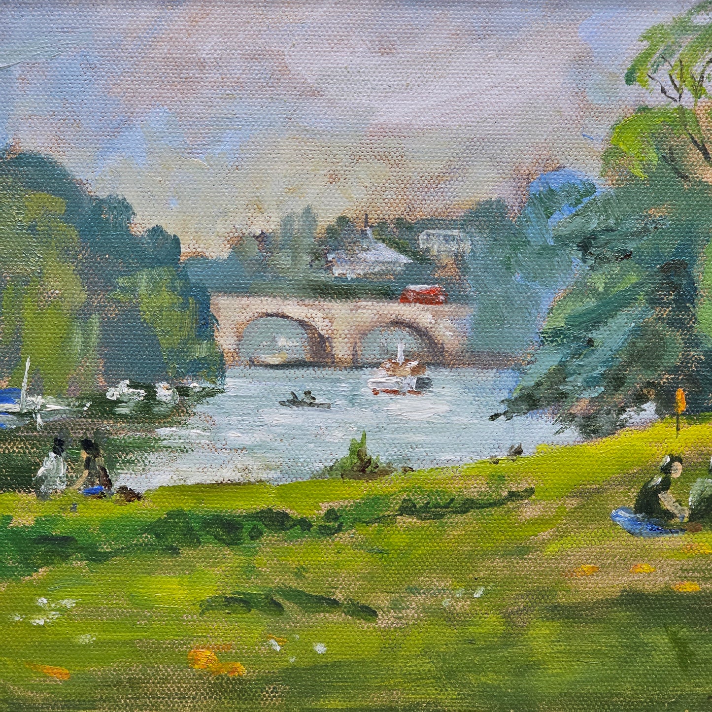Vintage Oil on Canvas Painting of Richmond Bridge Over Thames in London