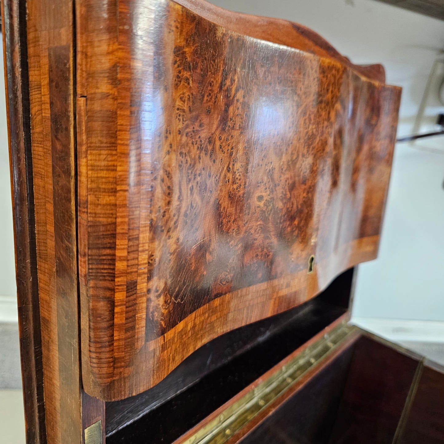 Antique Wood Tantalus Liquor Cabinet with Inlaid Top