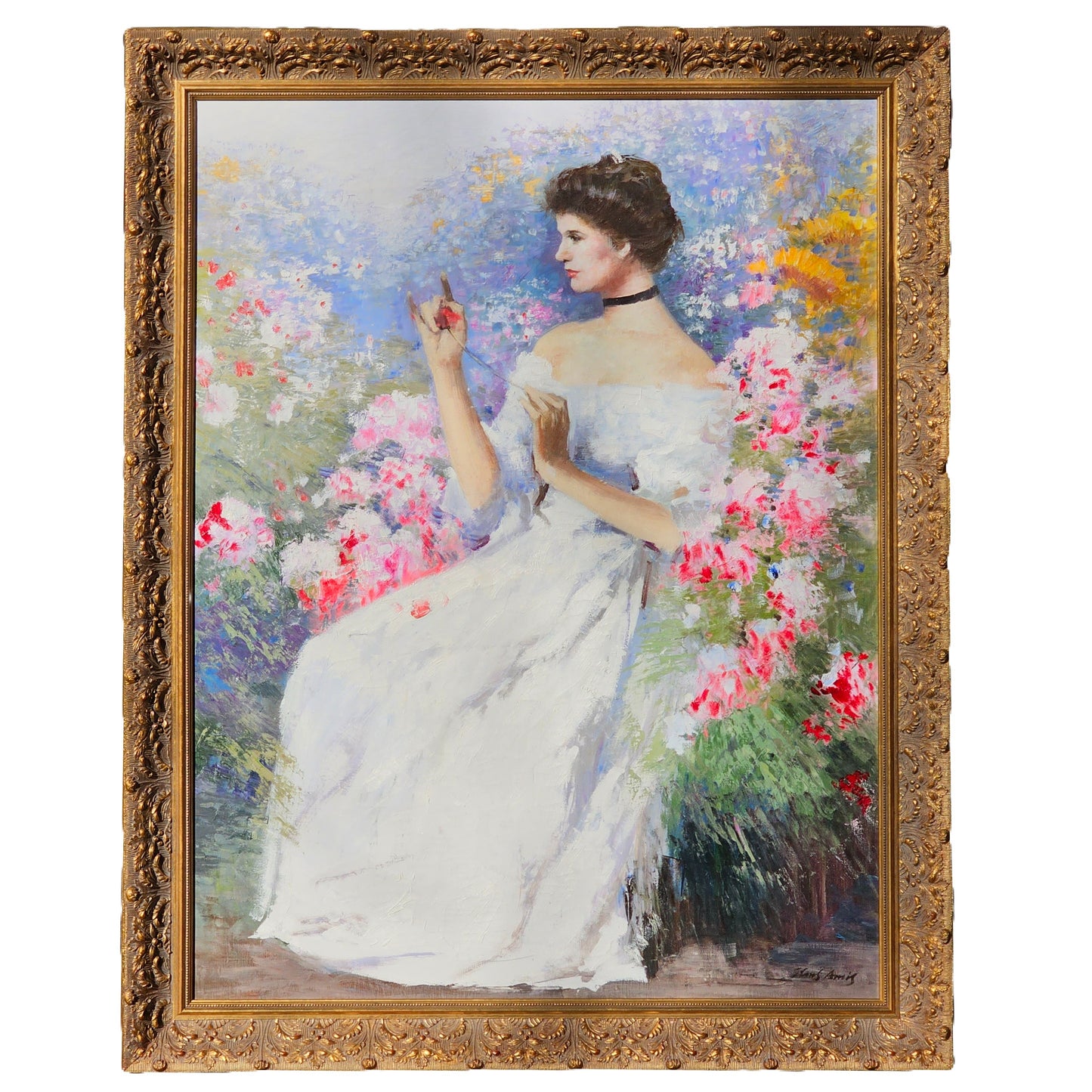 Very Large Hans Amis Signed Painting of Woman with Flowers
