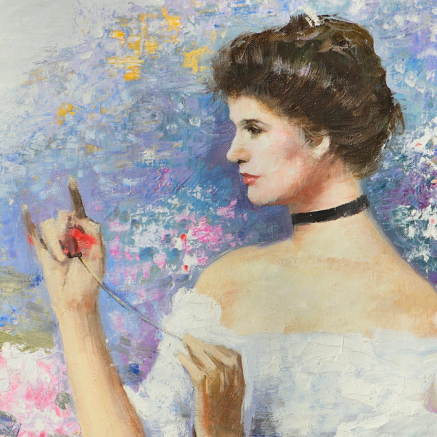 Very Large Hans Amis Signed Painting of Woman with Flowers