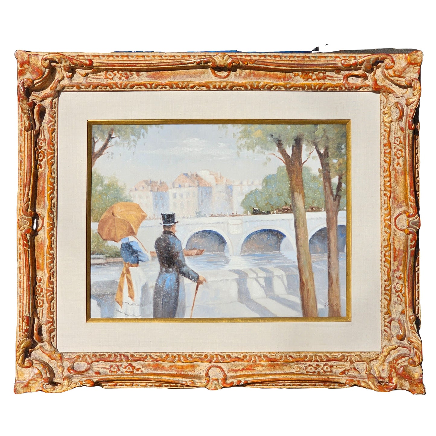 Lugano Candi (American/Argentine, b. 1948) Signed Original Painting of French Scene with Man & Bridge