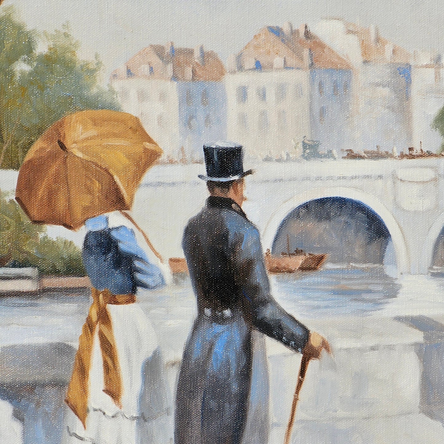 Lugano Candi (American/Argentine, b. 1948) Signed Original Painting of French Scene with Man & Bridge