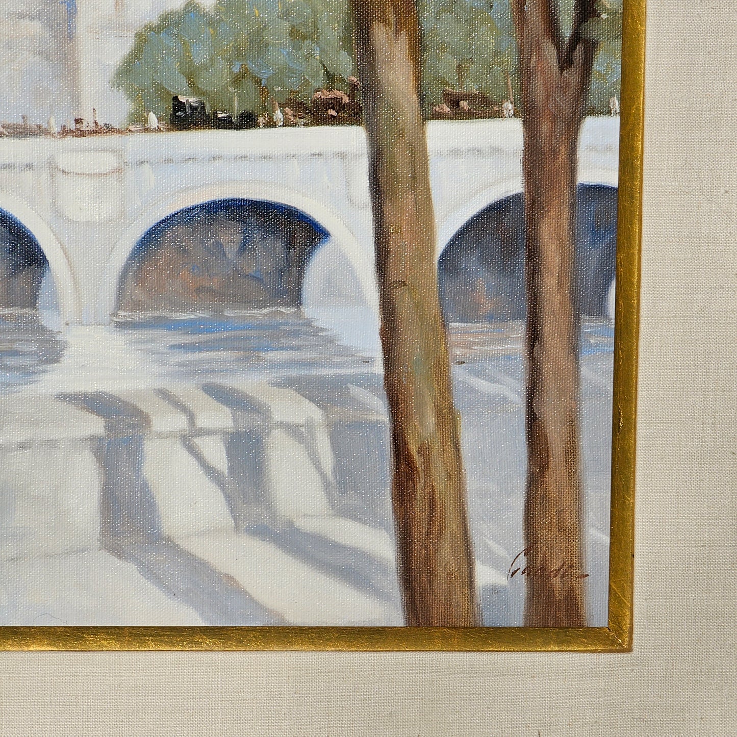 Lugano Candi (American/Argentine, b. 1948) Signed Original Painting of French Scene with Man & Bridge
